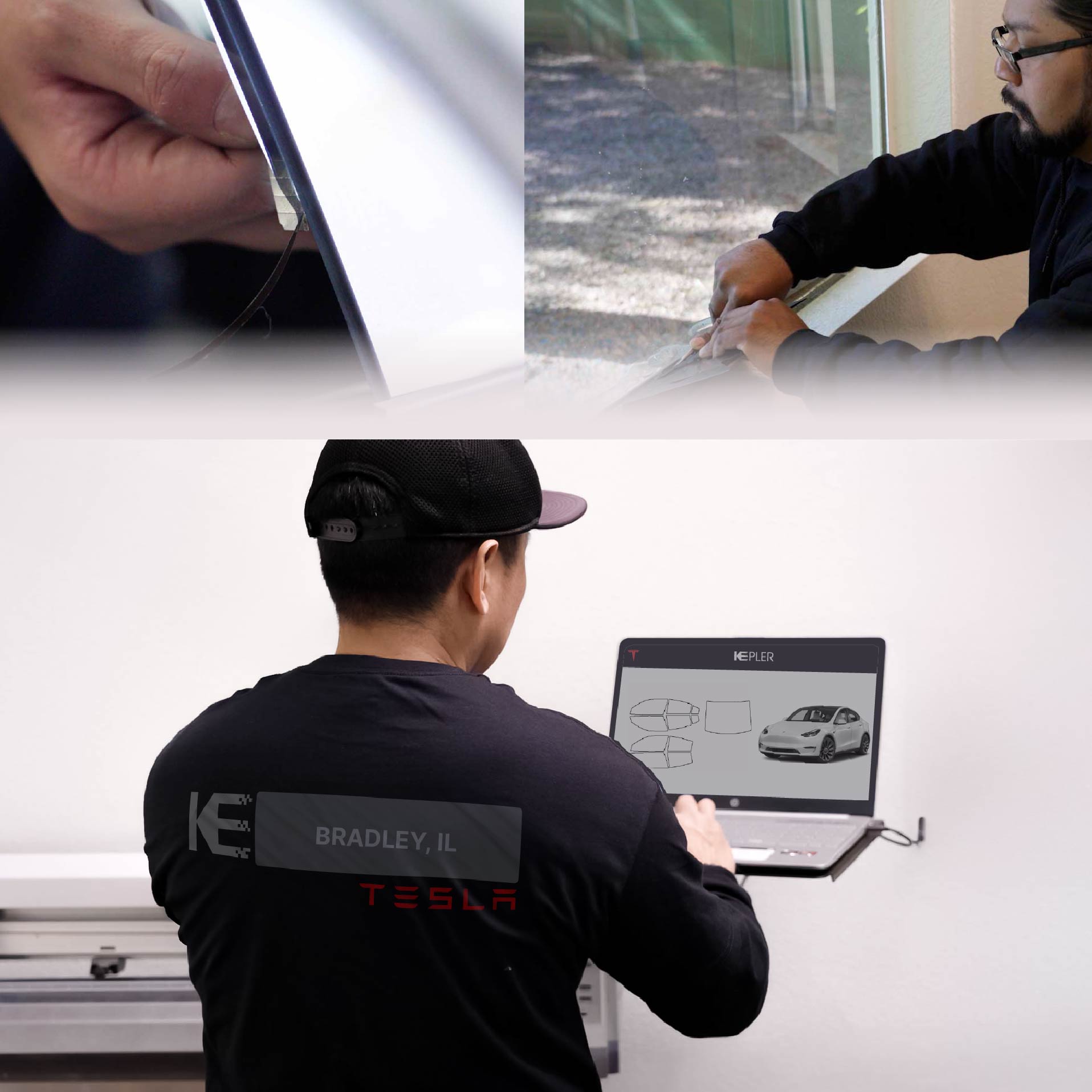 Kepler Technician Applying Advanced Window Tint to Tesla in Bradley