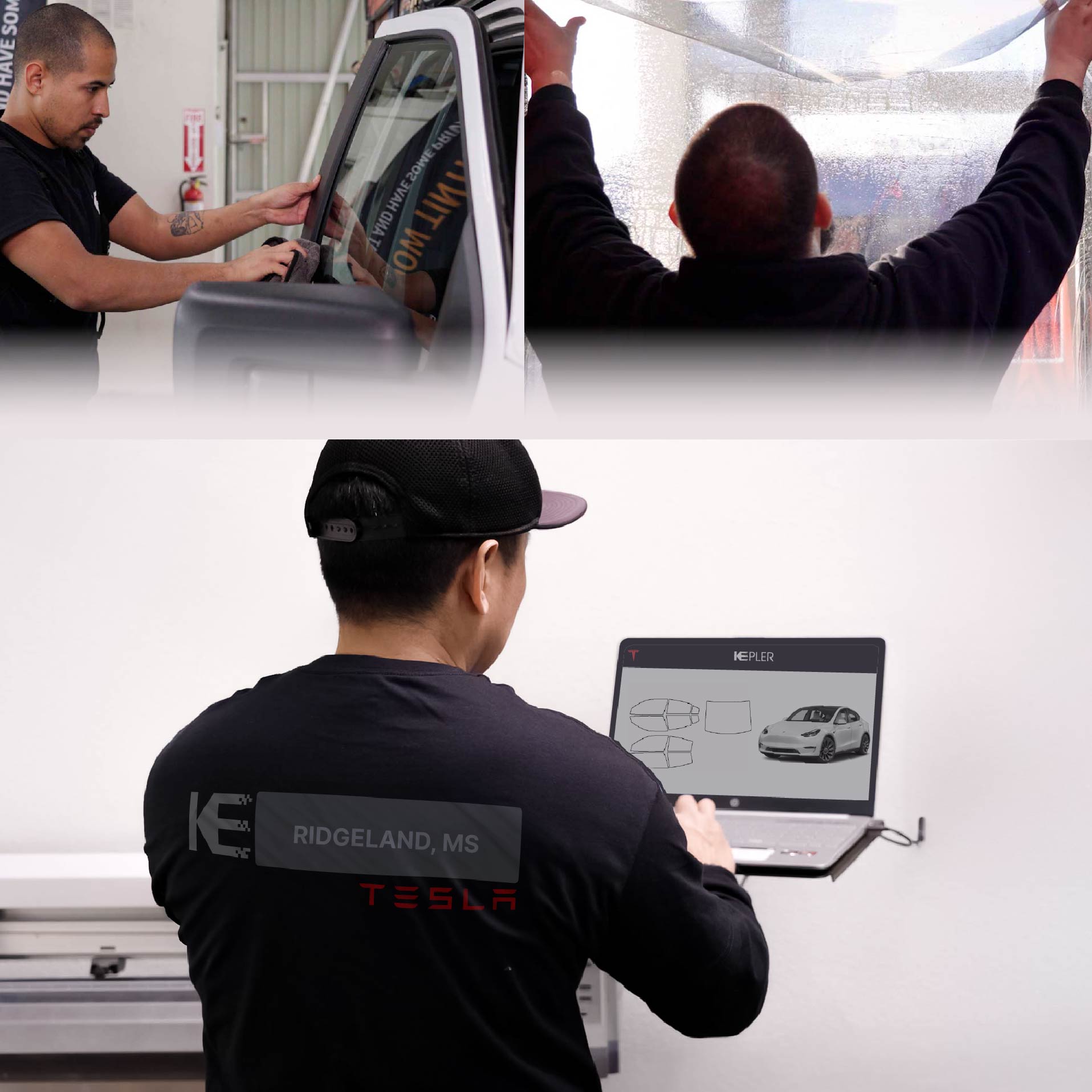 Expert Technician Installing Advanced Window Tint to Tesla in Ridgeland