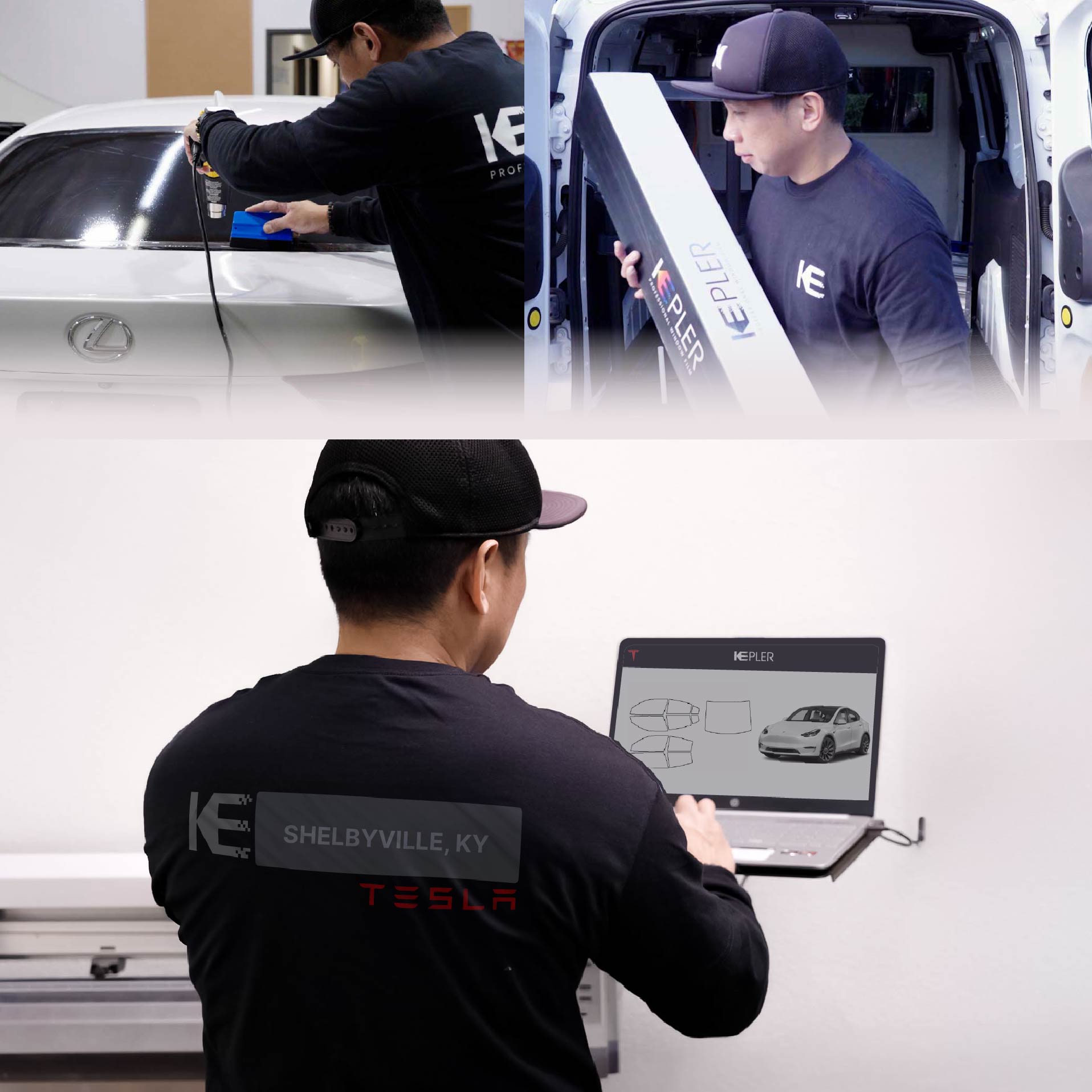 Expert Technician Installing High-tech Window Tint to Tesla in Shelbyville