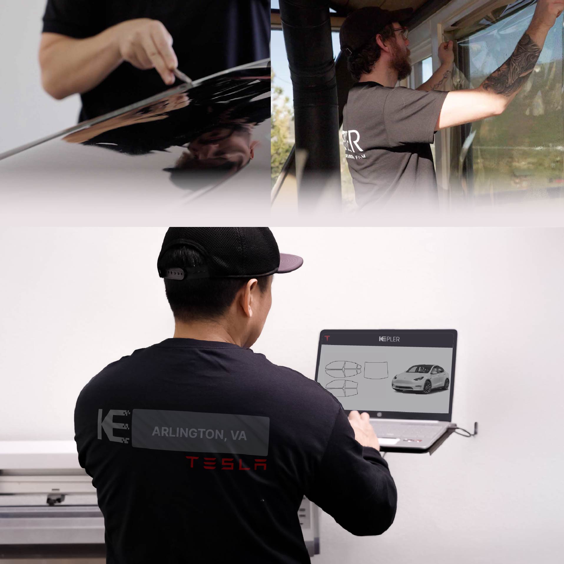 Expert Technician Fitting Ceramic Window Tint to Tesla in Arlington