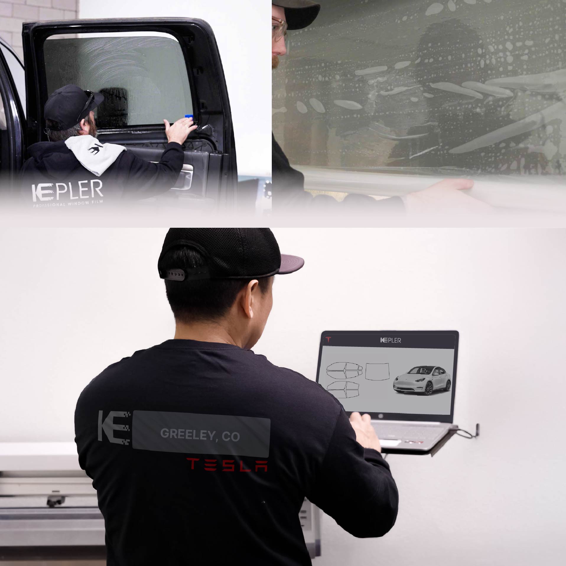 Expert Technician Fitting High-tech Window Tint to Tesla in Greeley