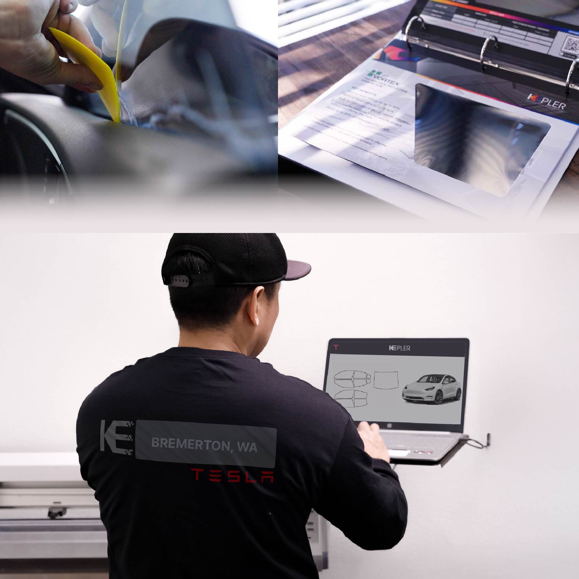 Expert Technician Installing Ceramic Window Tint to Tesla in Bremerton