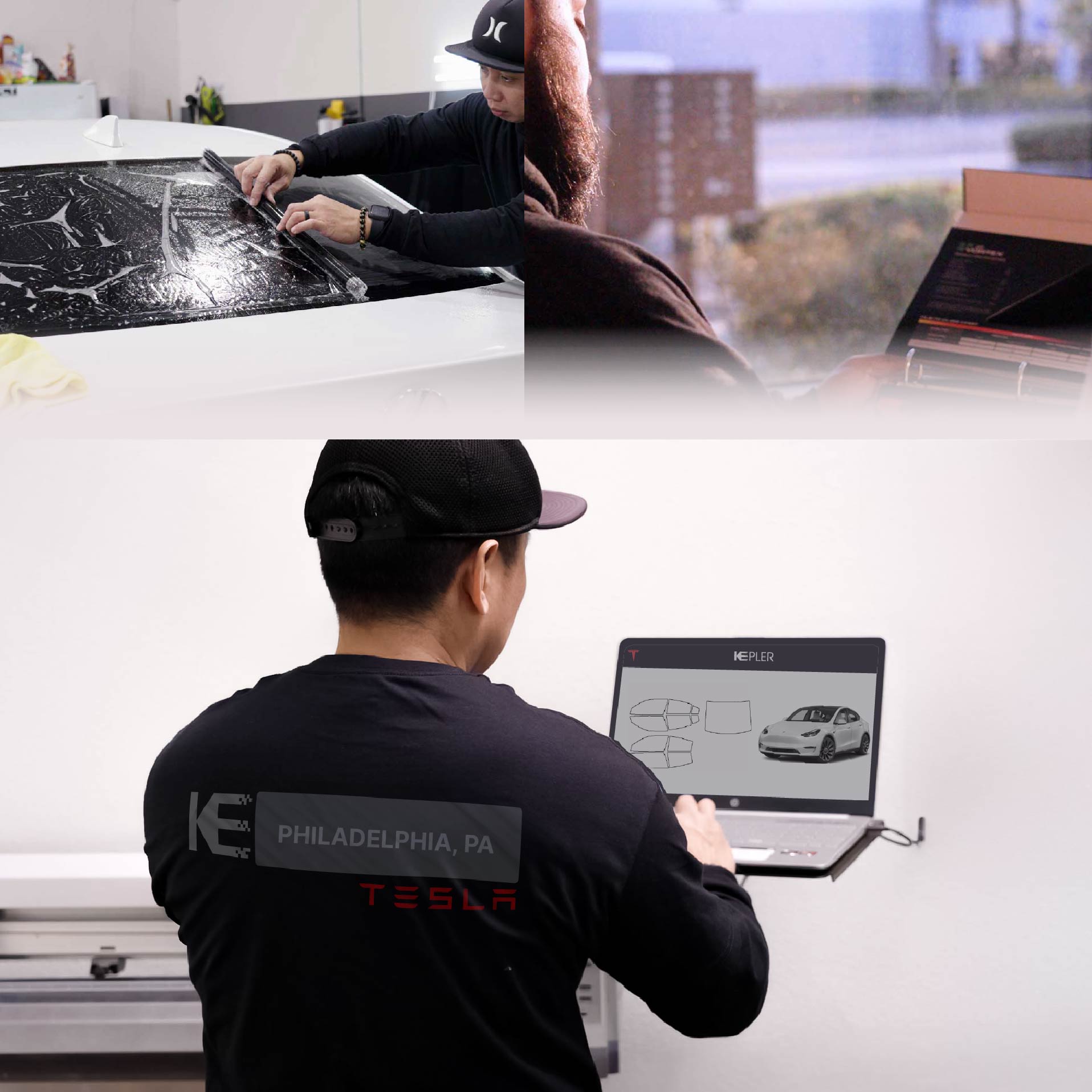 Kepler Technician Fitting Ceramic Window Tint to Tesla in Philadelphia