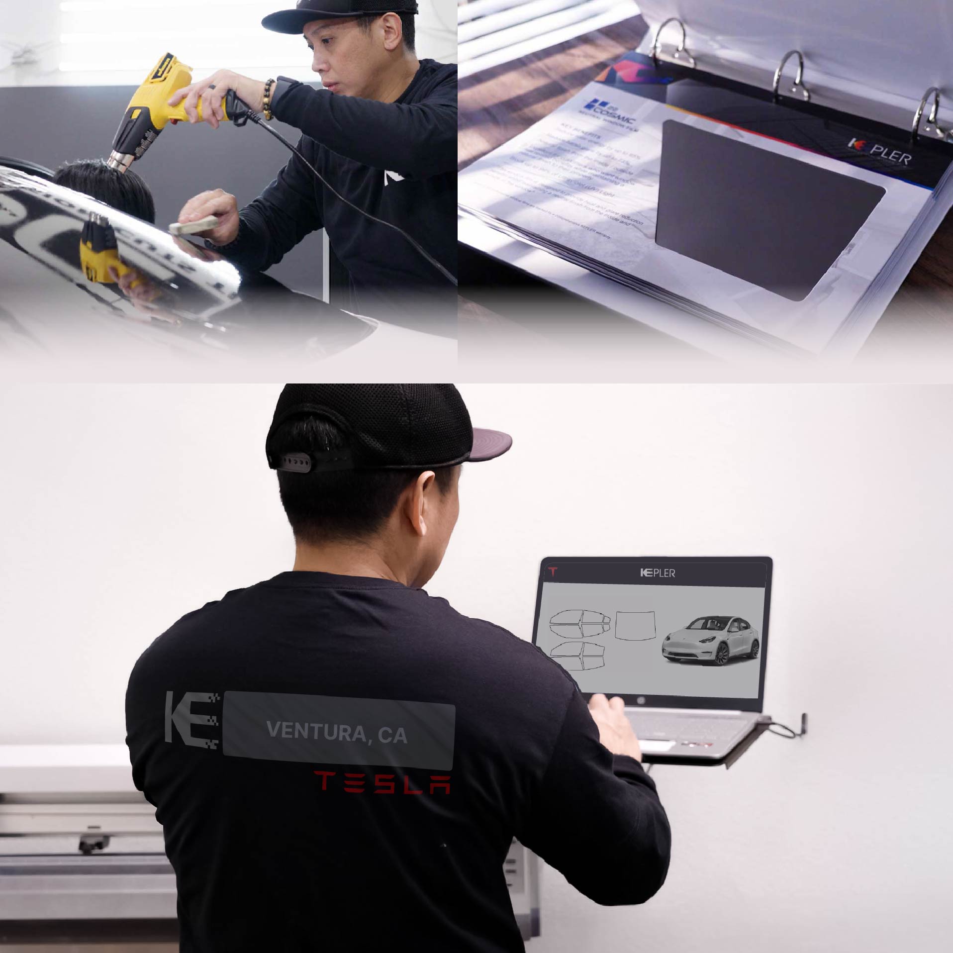 Kepler Technician Fitting High-tech Window Tint to Tesla in Ventura