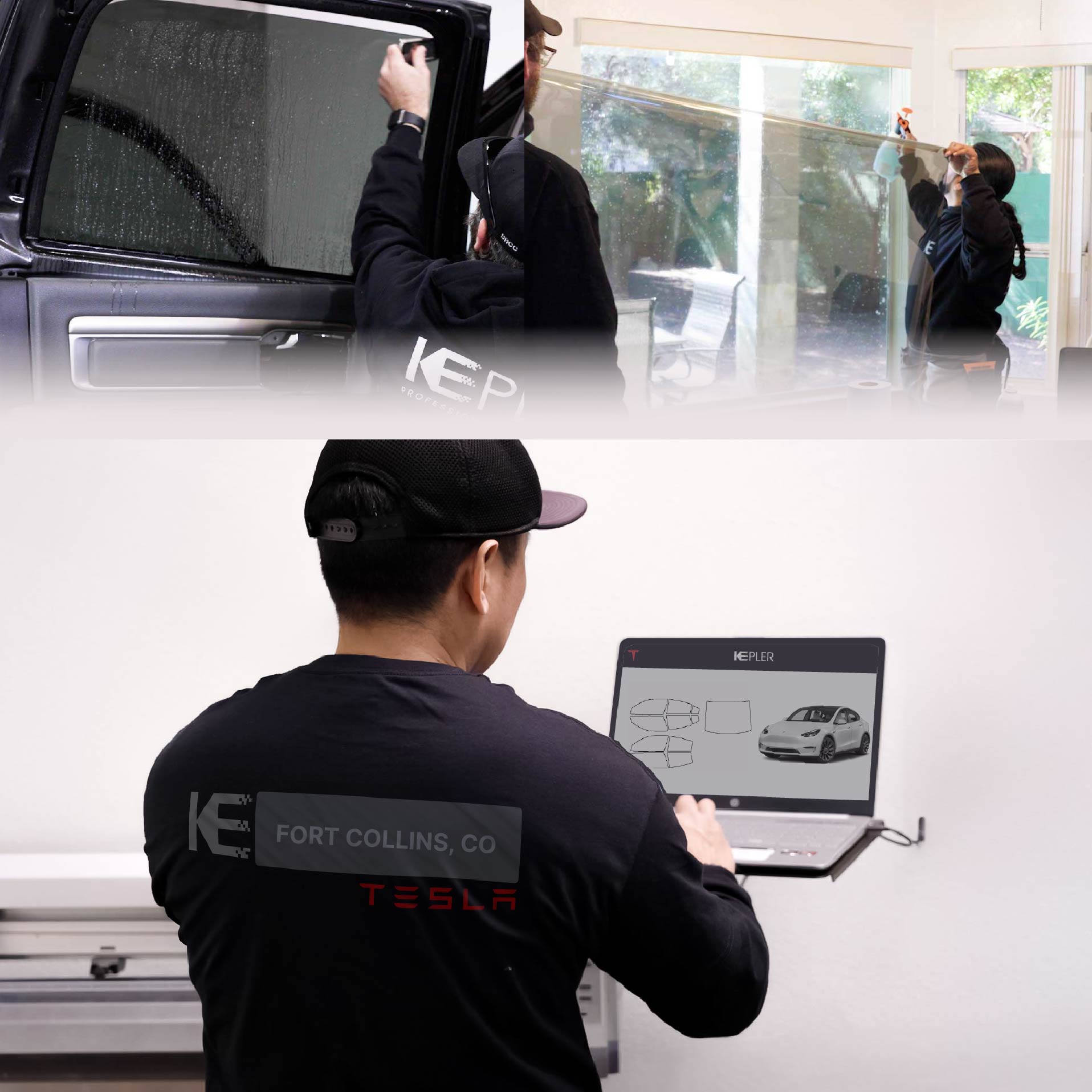 Kepler Technician Fitting Advanced Window Tint to Tesla in Fort Collins