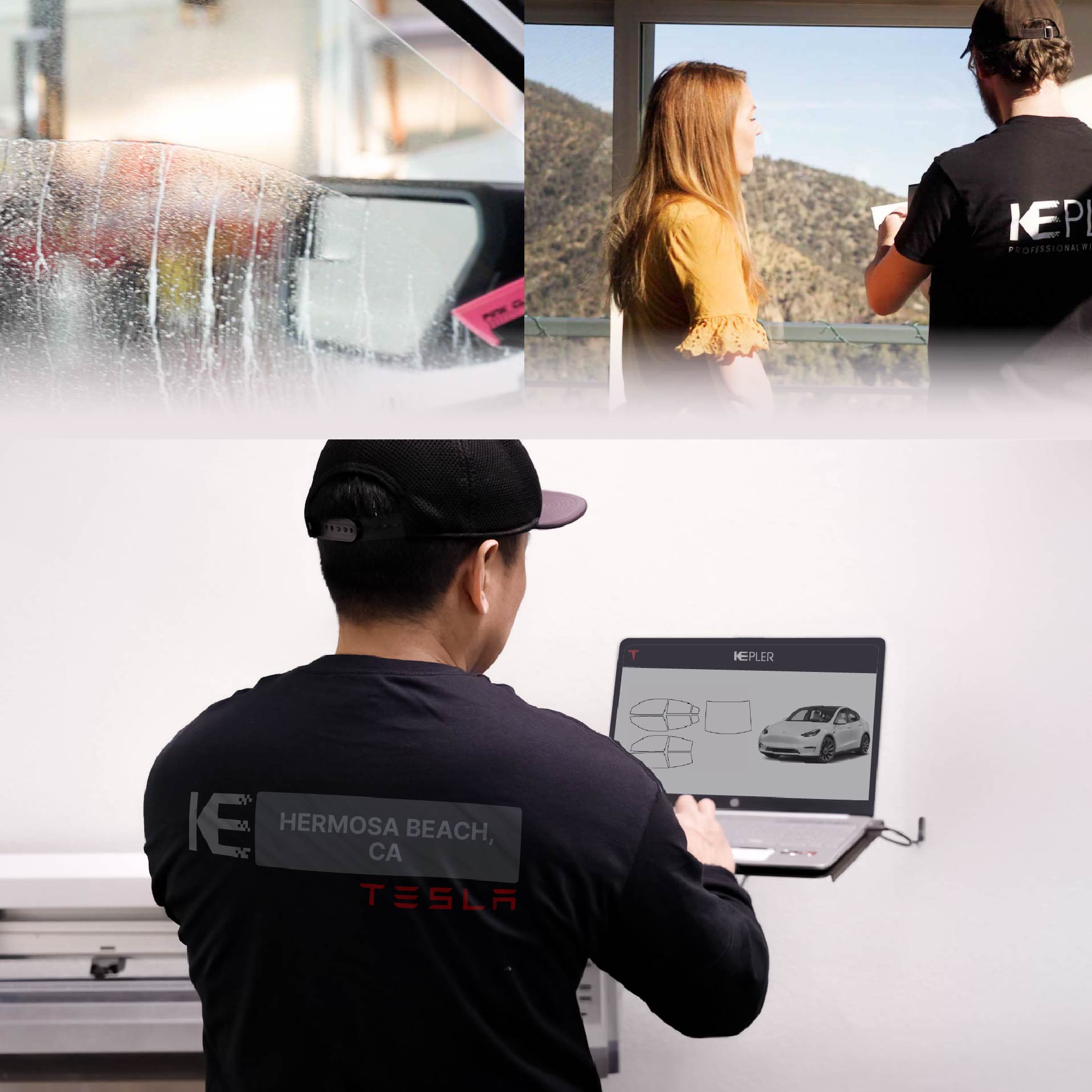 Expert Technician Applying High-tech Window Tint to Tesla in Hermosa Beach