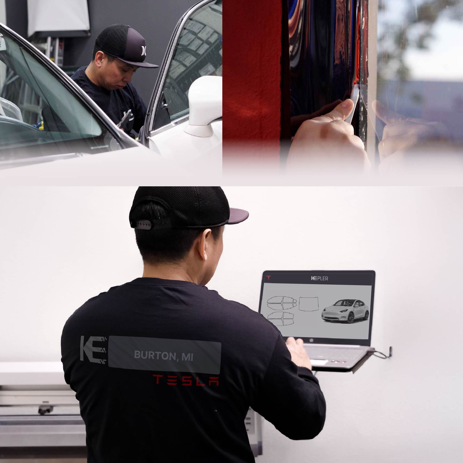 Kepler Technician Applying Advanced Window Tint to Tesla in Burton