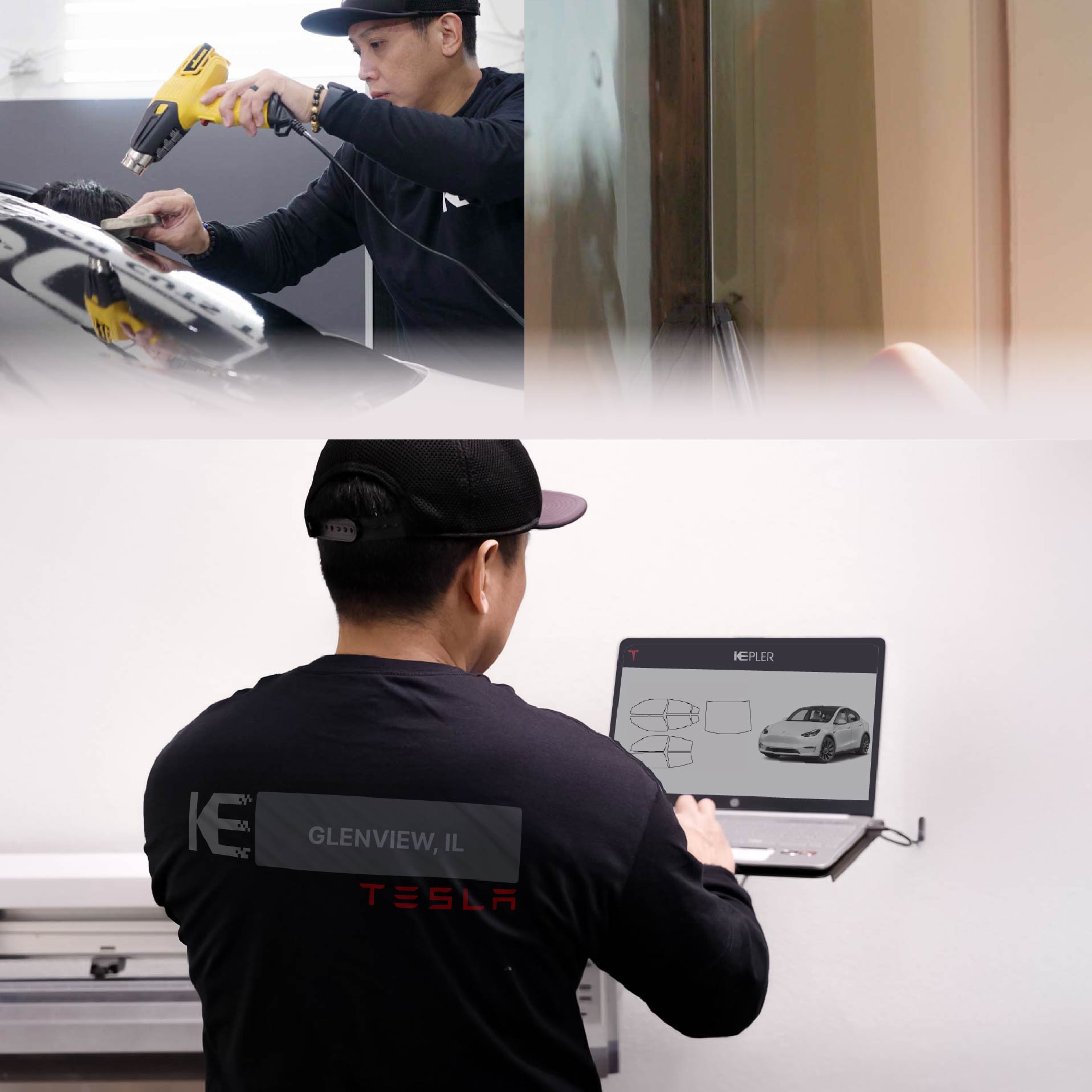 Expert Technician Fitting Ceramic Window Tint to Tesla in Glenview