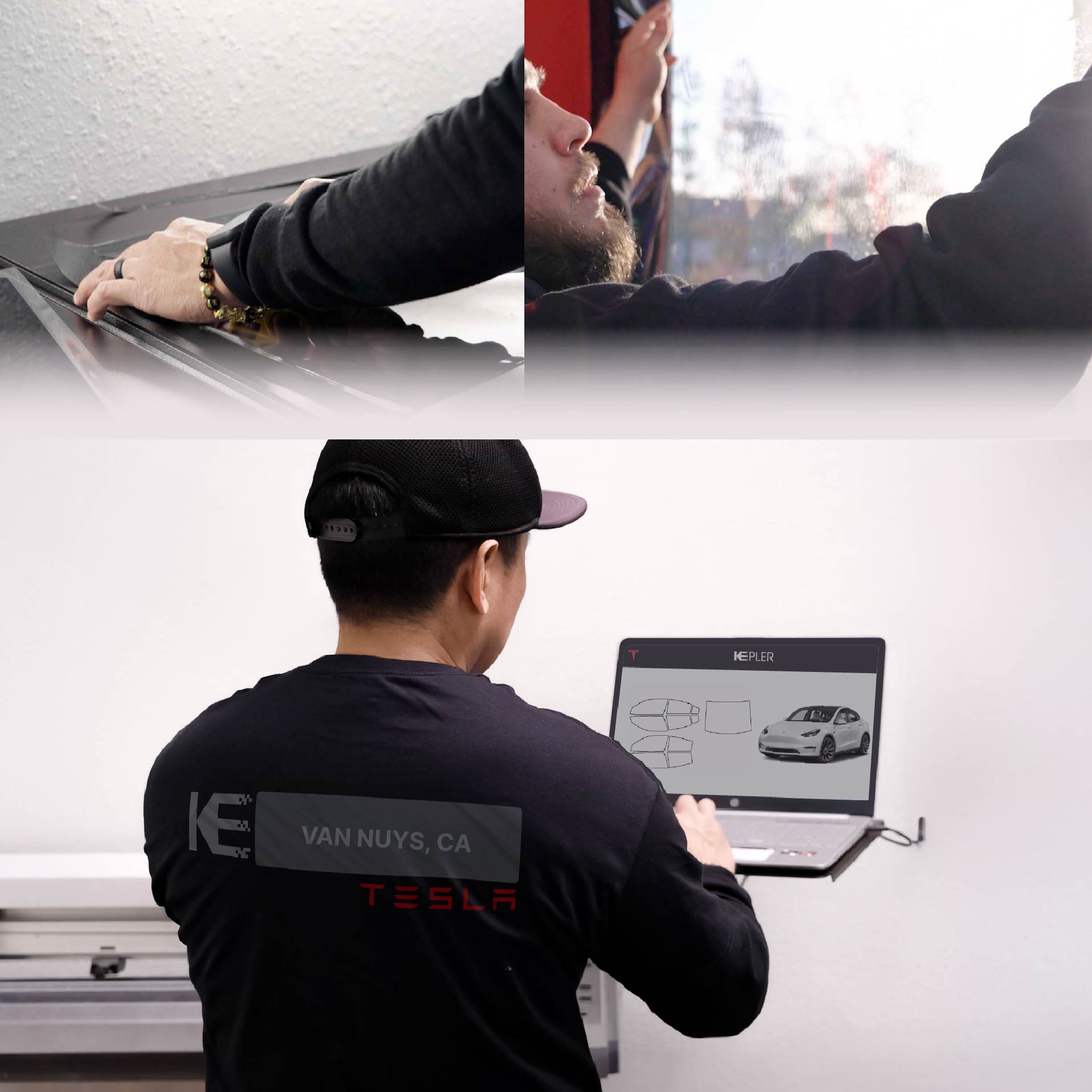 Expert Technician Fitting High-tech Window Tint to Tesla in Van Nuys