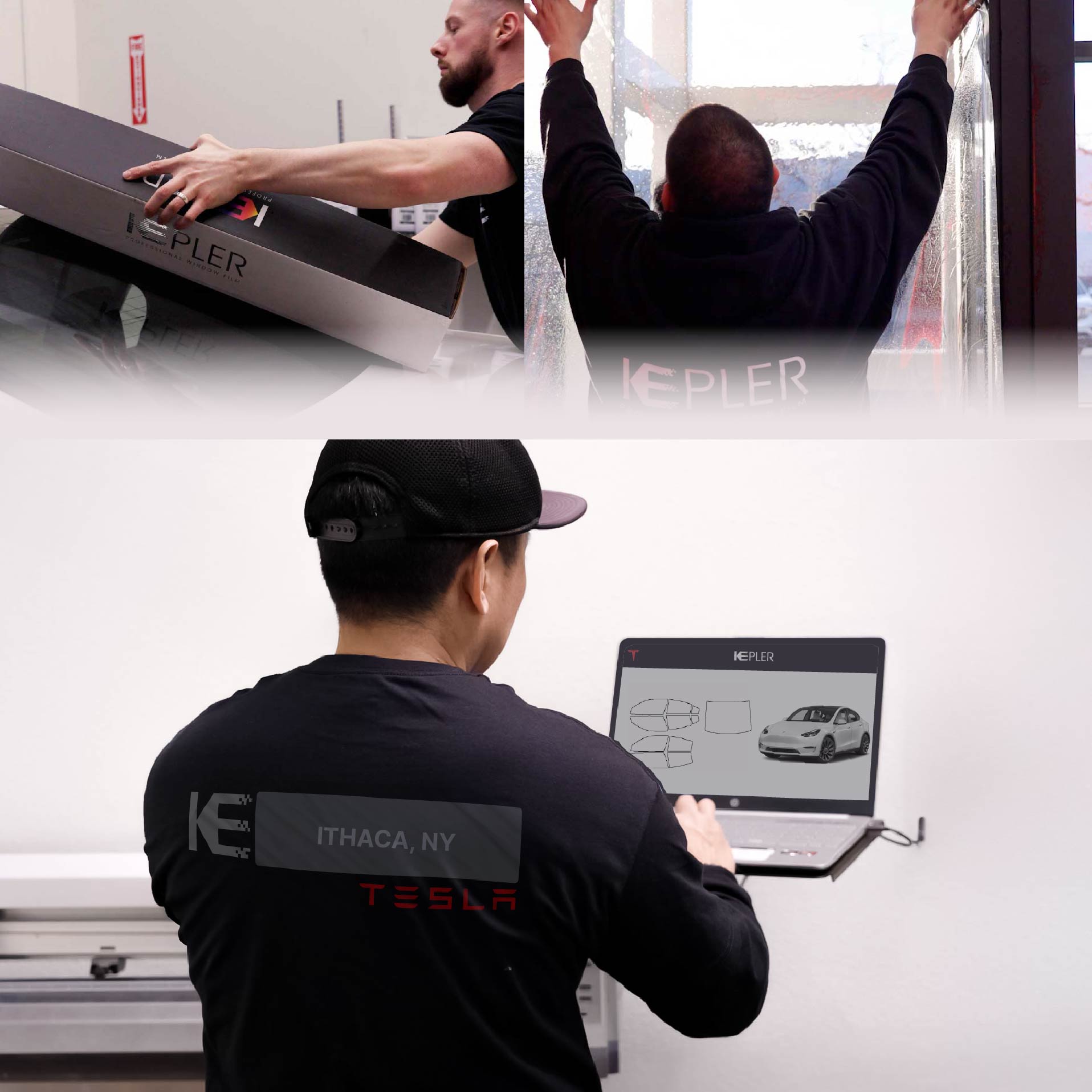 Expert Technician Applying Ceramic Window Tint to Tesla in Ithaca