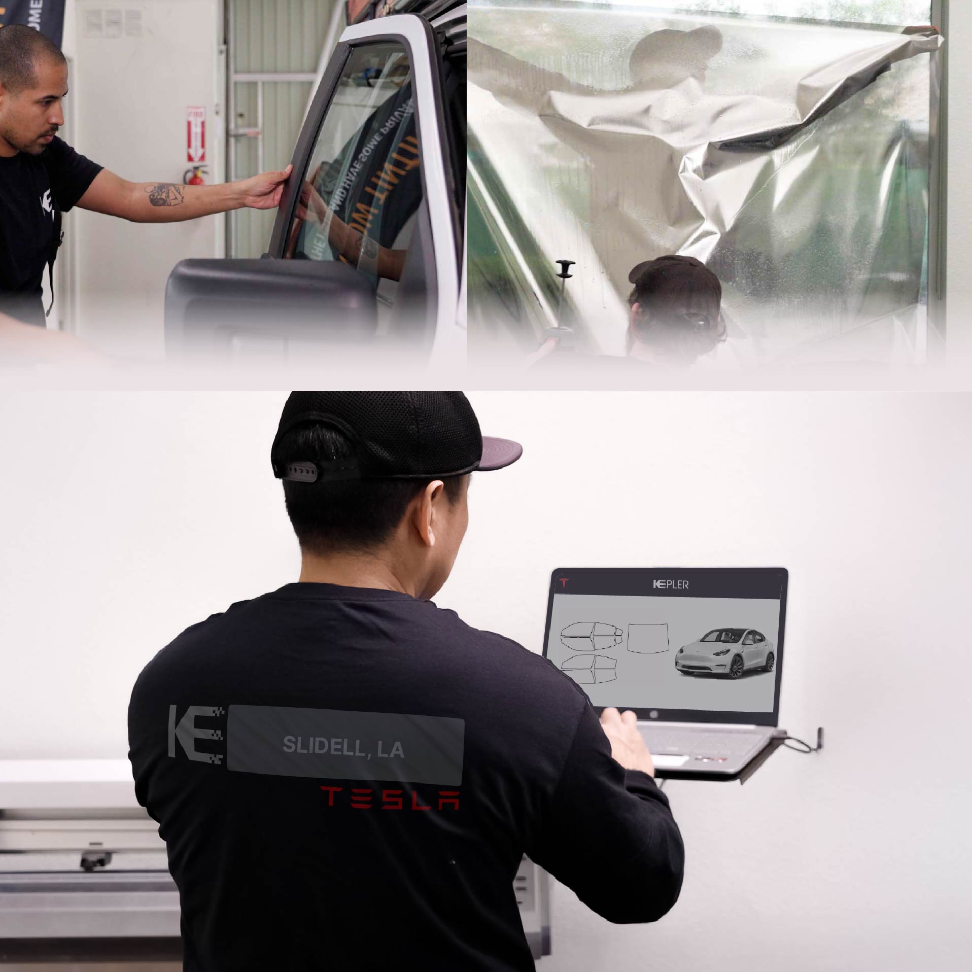 Expert Technician Installing High-tech Window Tint to Tesla in Slidell