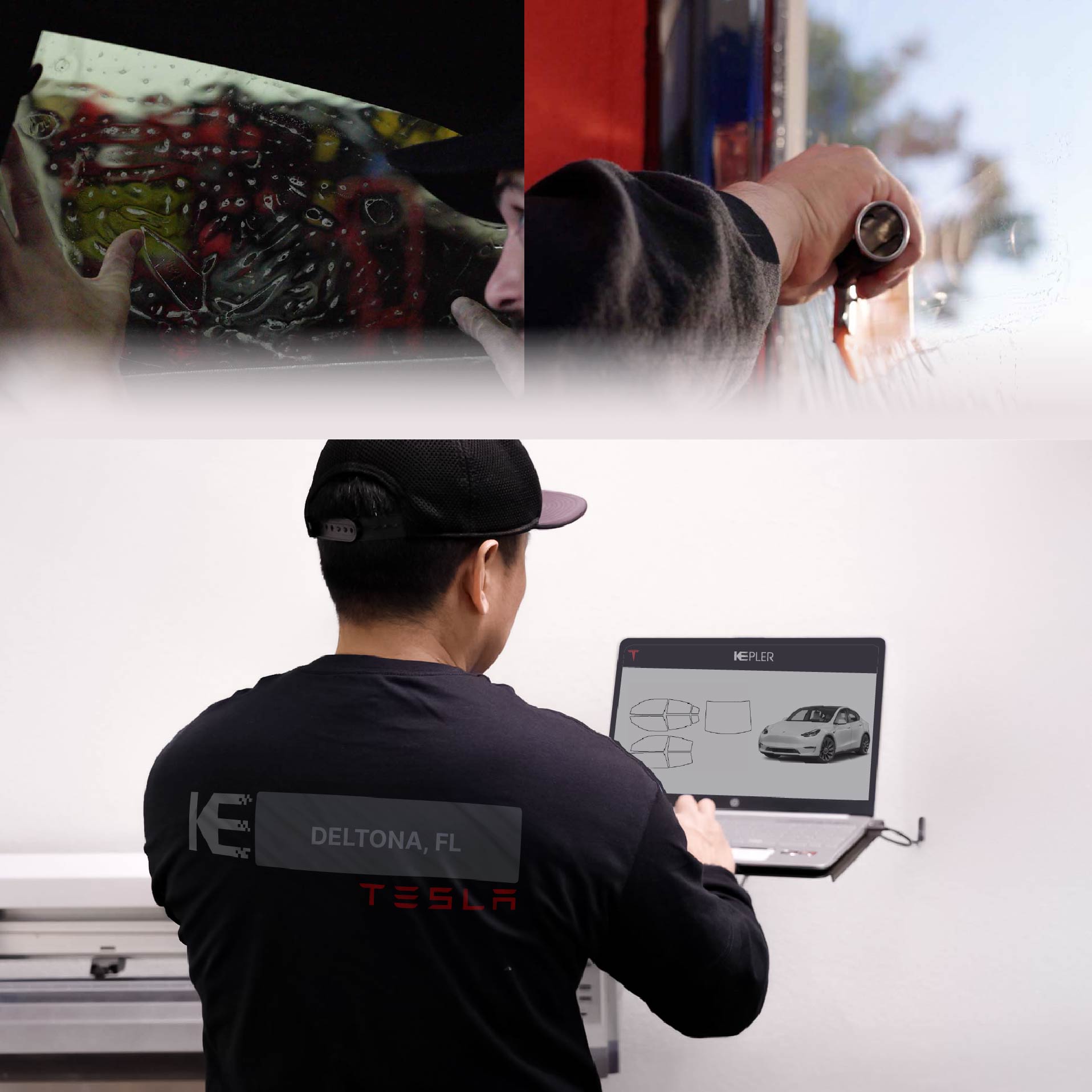 Expert Technician Installing Ceramic Window Tint to Tesla in Deltona