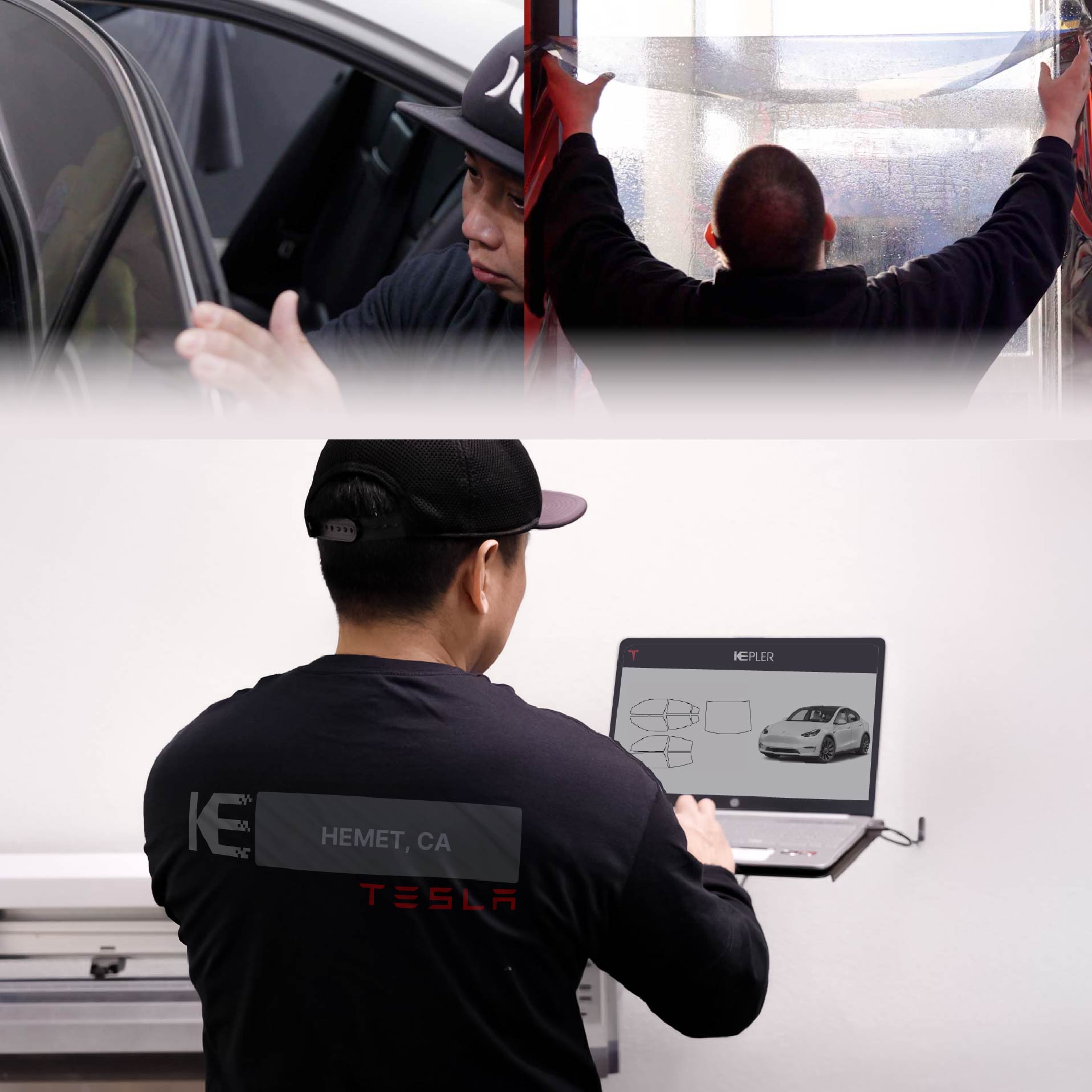 Kepler Technician Fitting Ceramic Window Tint to Tesla in Hemet