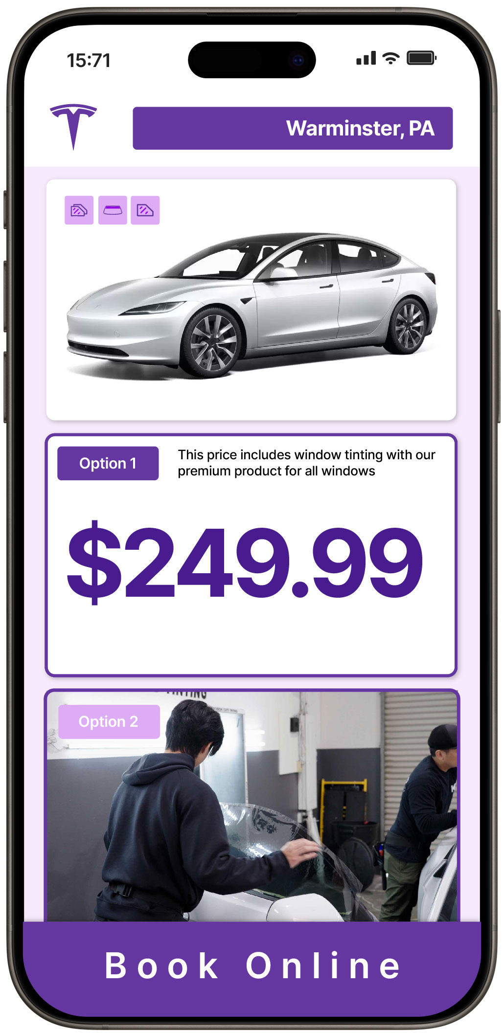 View Competitive Tesla Window Tinting Prices in Warminster, Pennsylvania