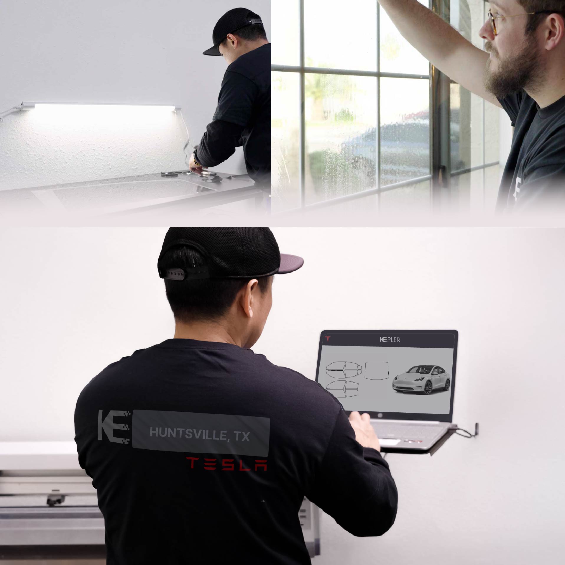 Expert Technician Applying Advanced Window Tint to Tesla in Huntsville