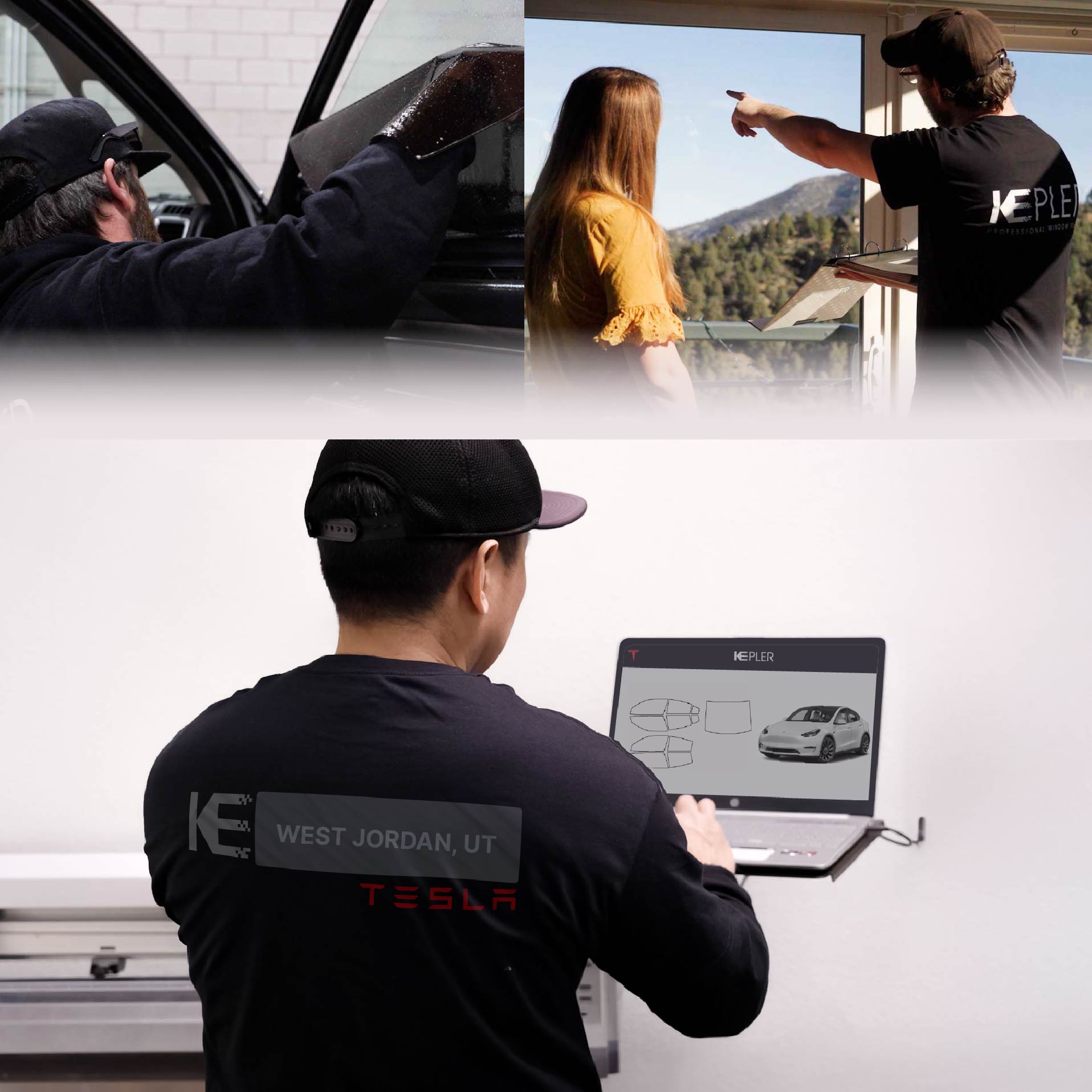 Expert Technician Fitting Advanced Window Tint to Tesla in West Jordan