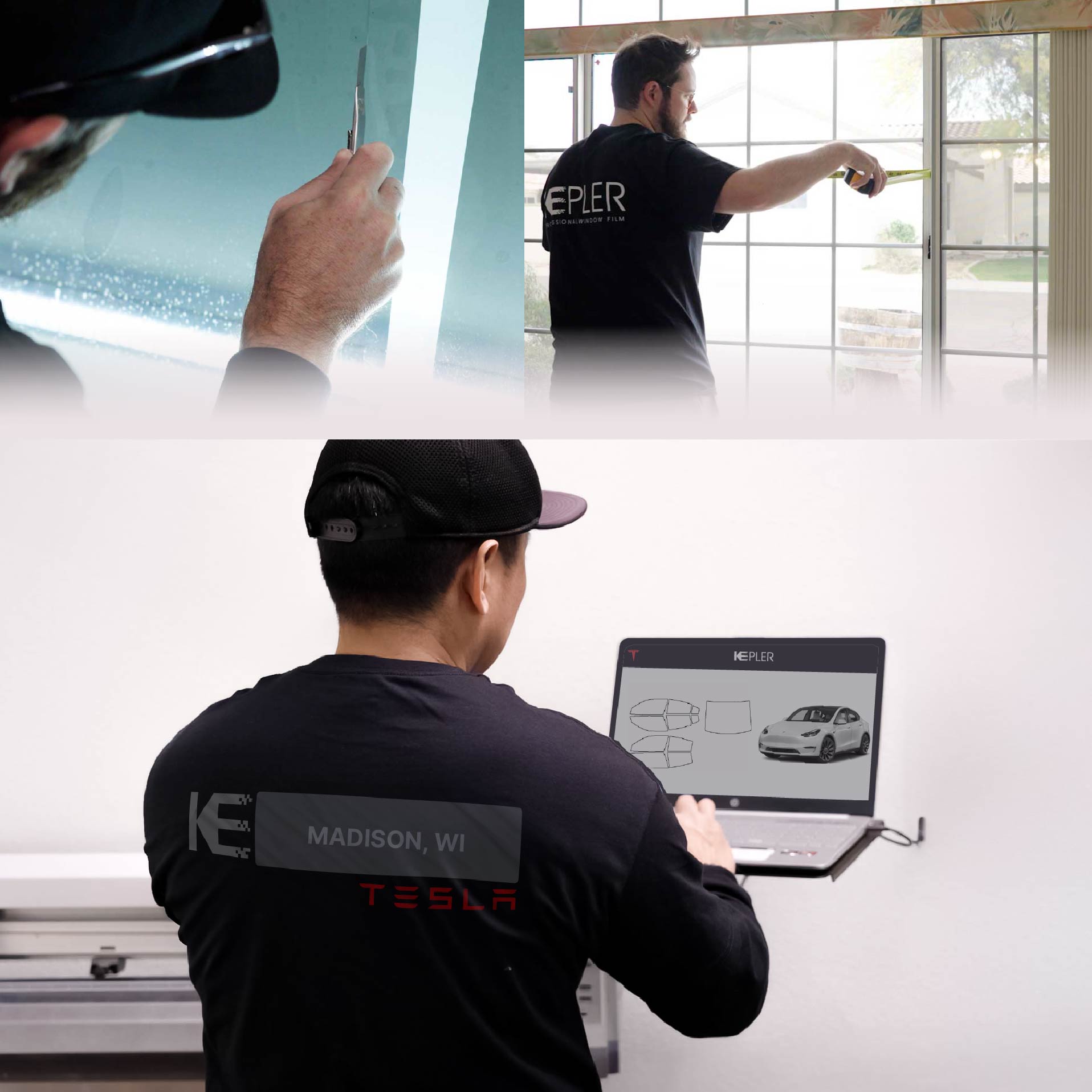 Expert Technician Installing Advanced Window Tint to Tesla in Madison