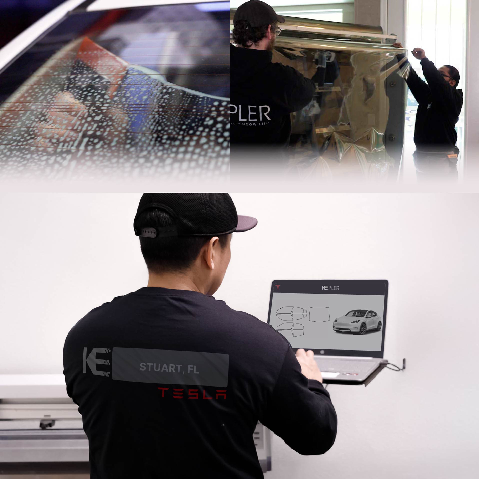 Expert Technician Fitting Advanced Window Tint to Tesla in Stuart