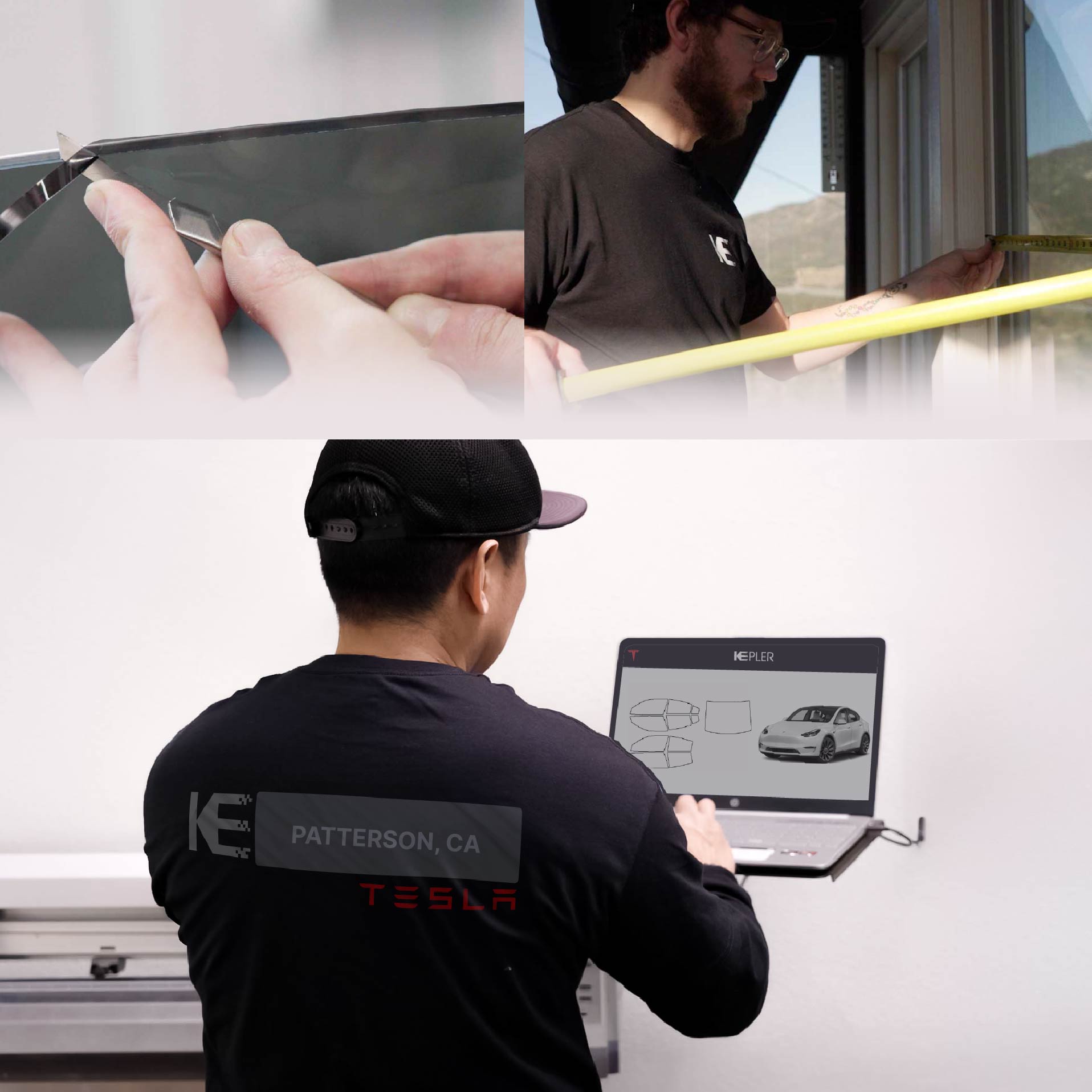 Expert Technician Applying Advanced Window Tint to Tesla in Patterson
