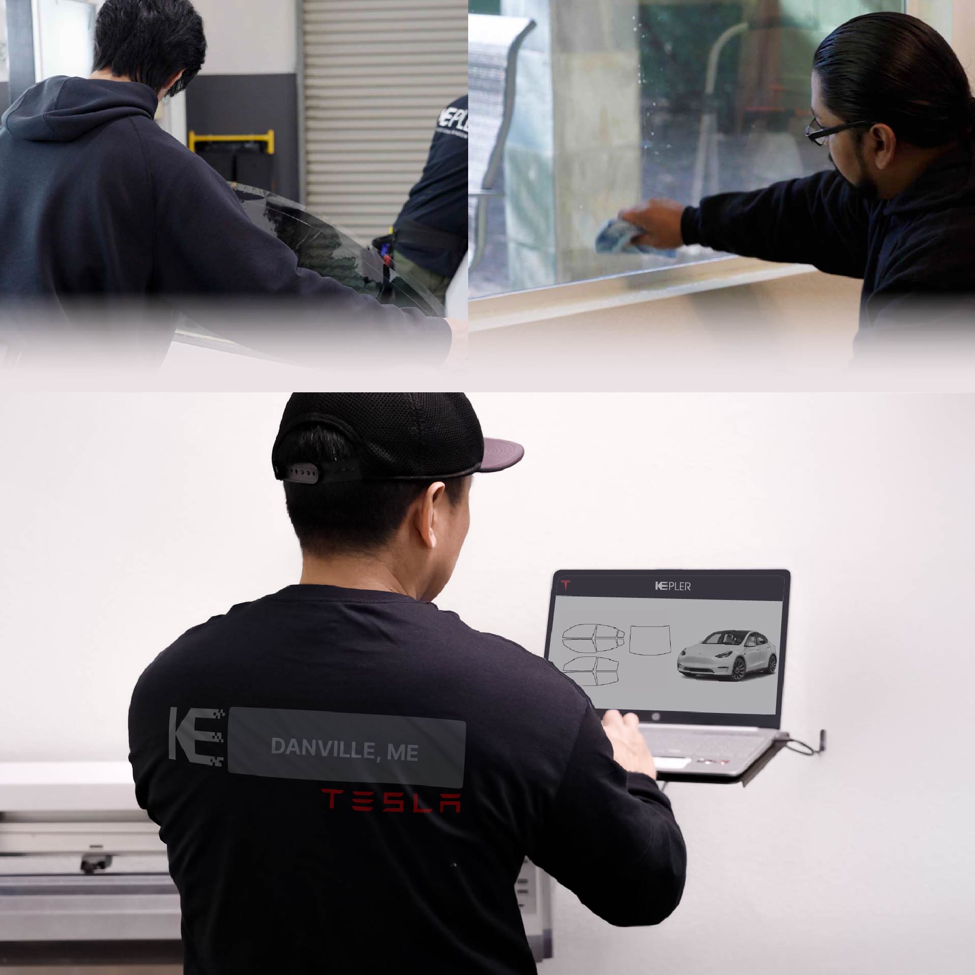 Expert Technician Applying Ceramic Window Tint to Tesla in Danville