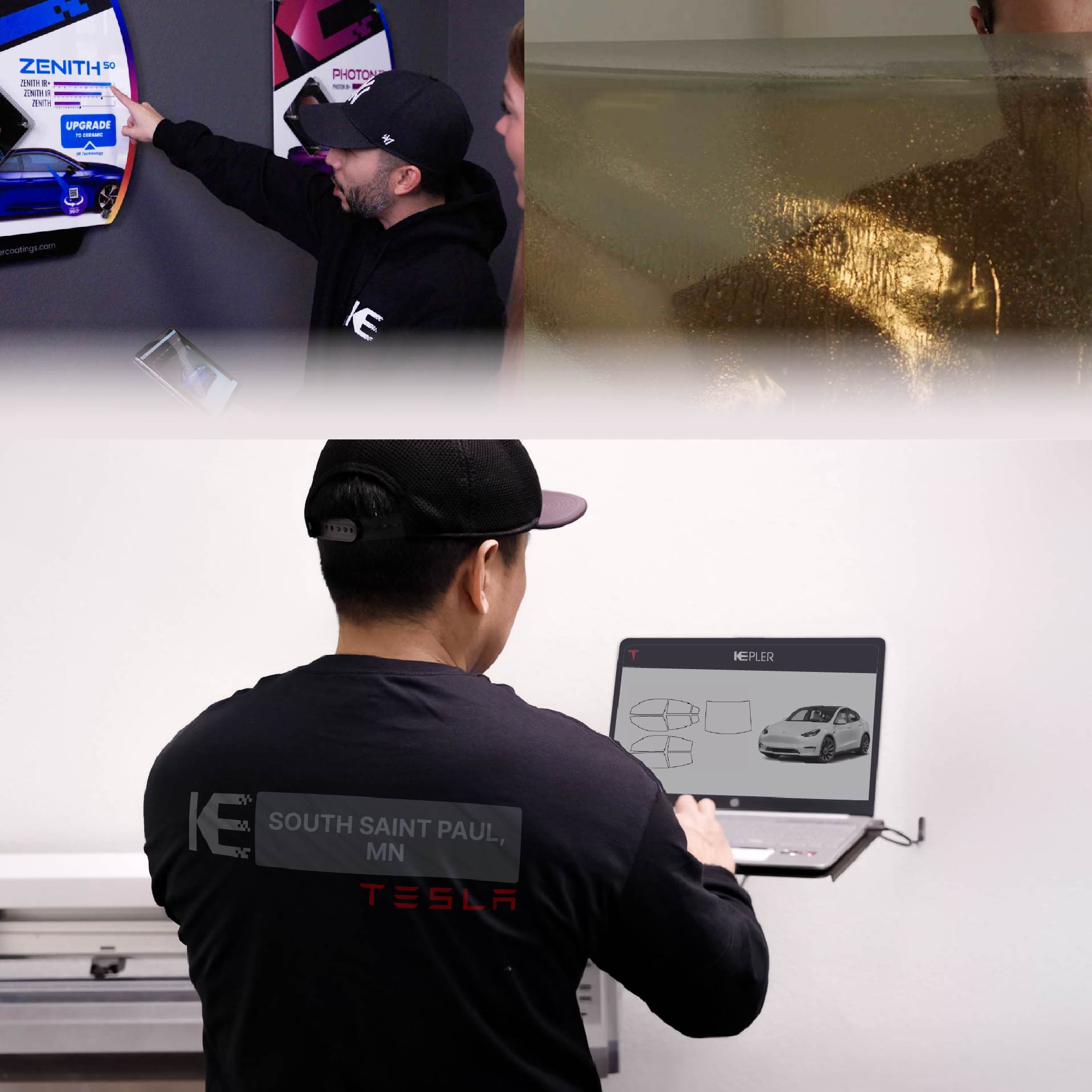 Expert Technician Fitting High-tech Window Tint to Tesla in South Saint Paul