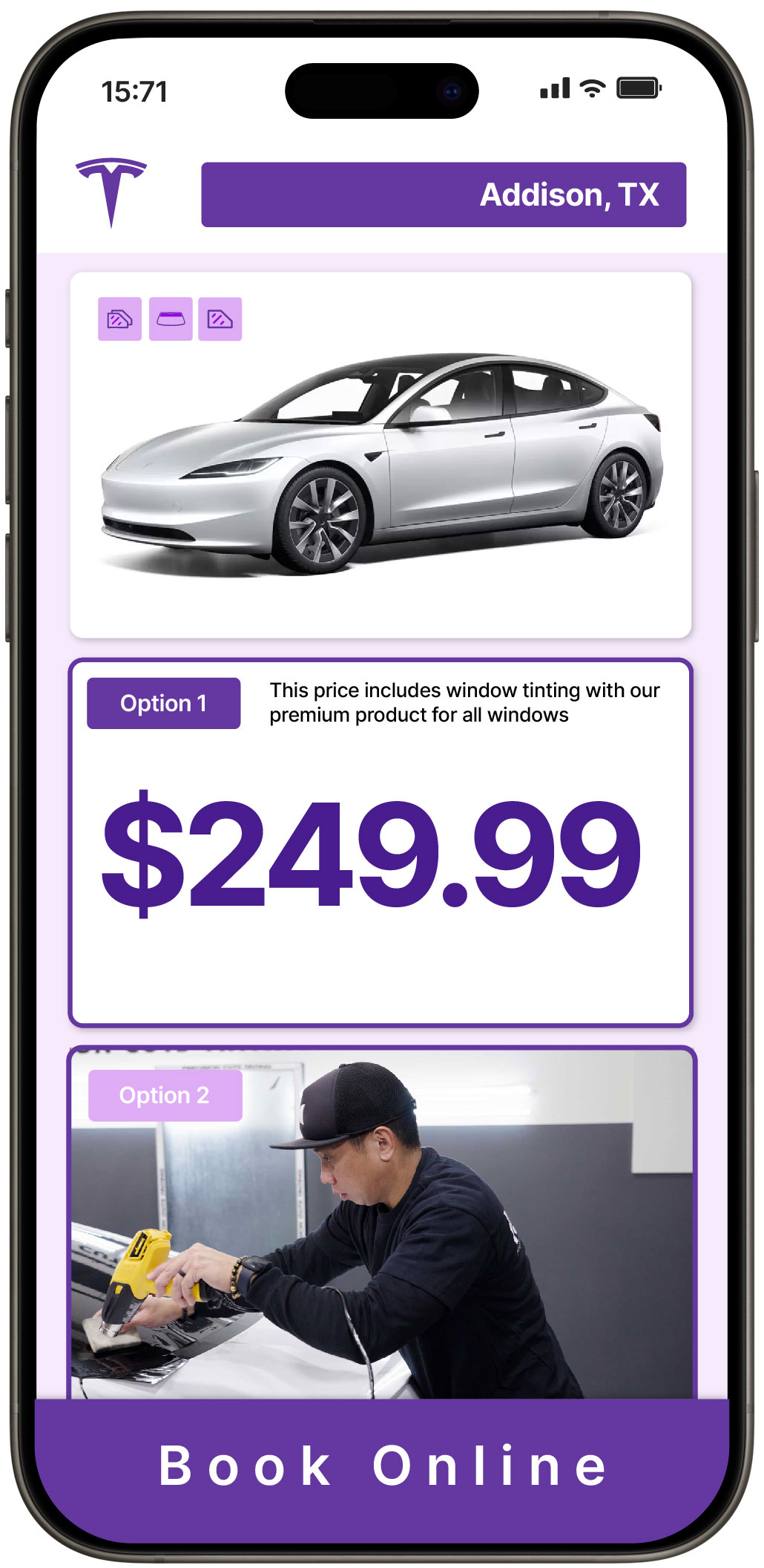 View Competitive Tesla Window Tinting Costs in Addison, Texas