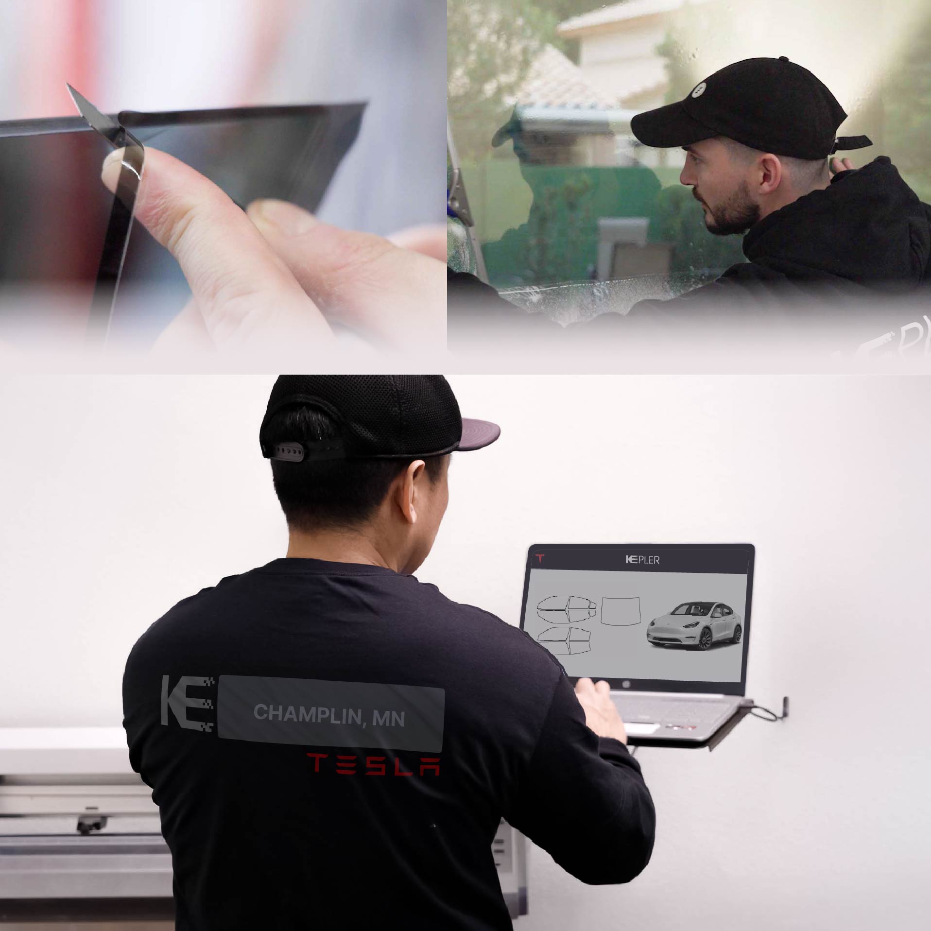 Expert Technician Applying High-tech Window Tint to Tesla in Champlin