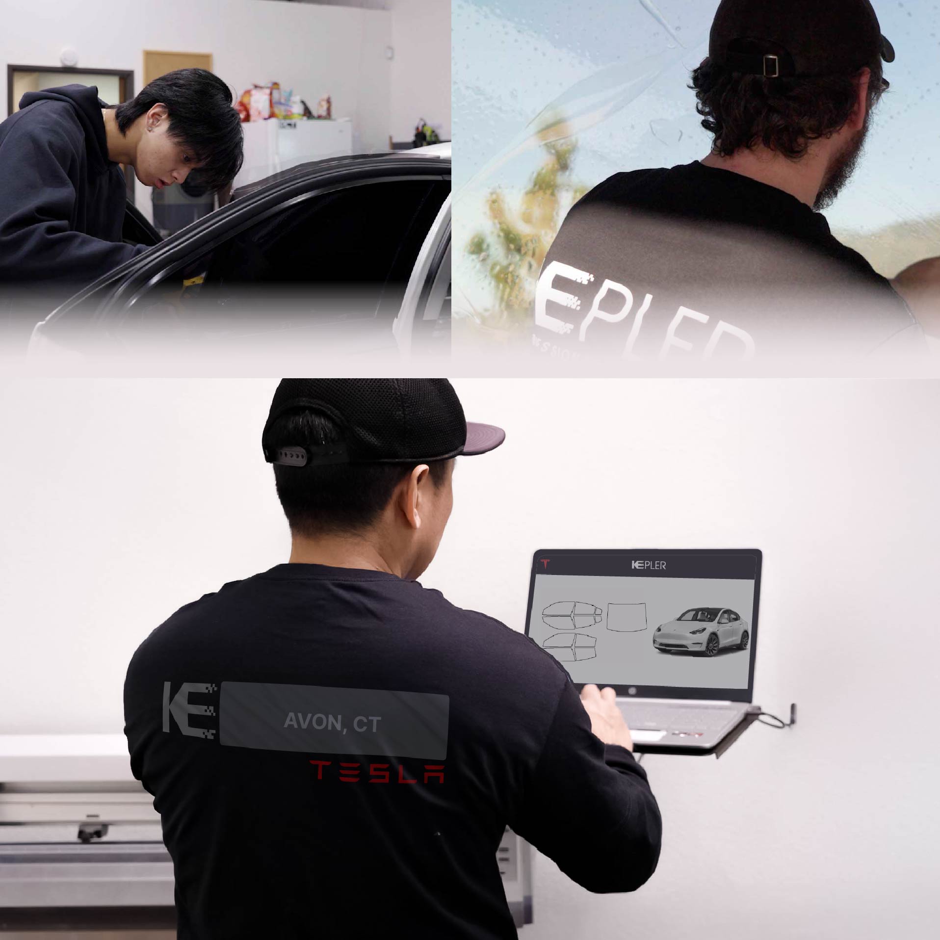 Expert Technician Fitting Ceramic Window Tint to Tesla in Avon