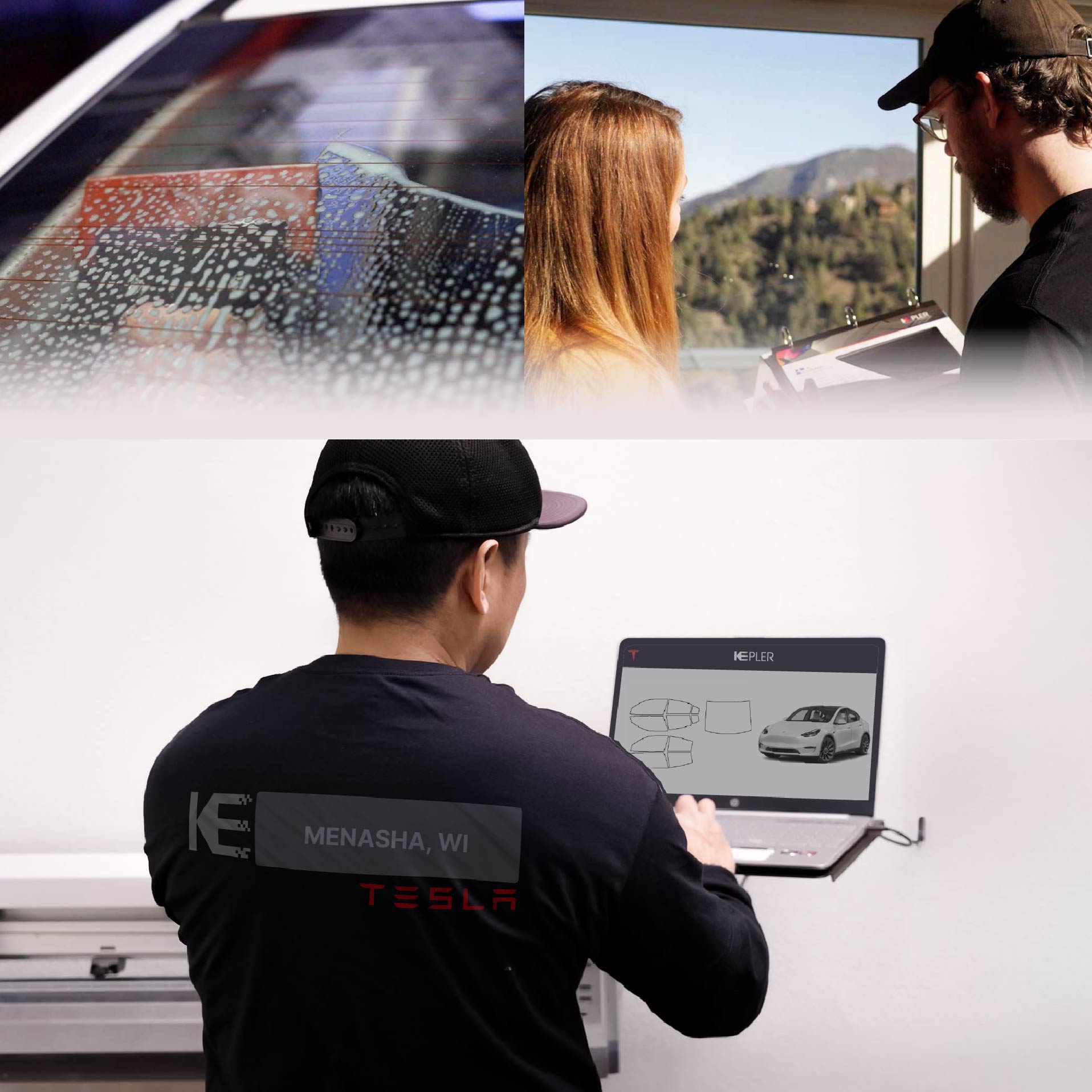 Kepler Technician Applying Ceramic Window Tint to Tesla in Menasha