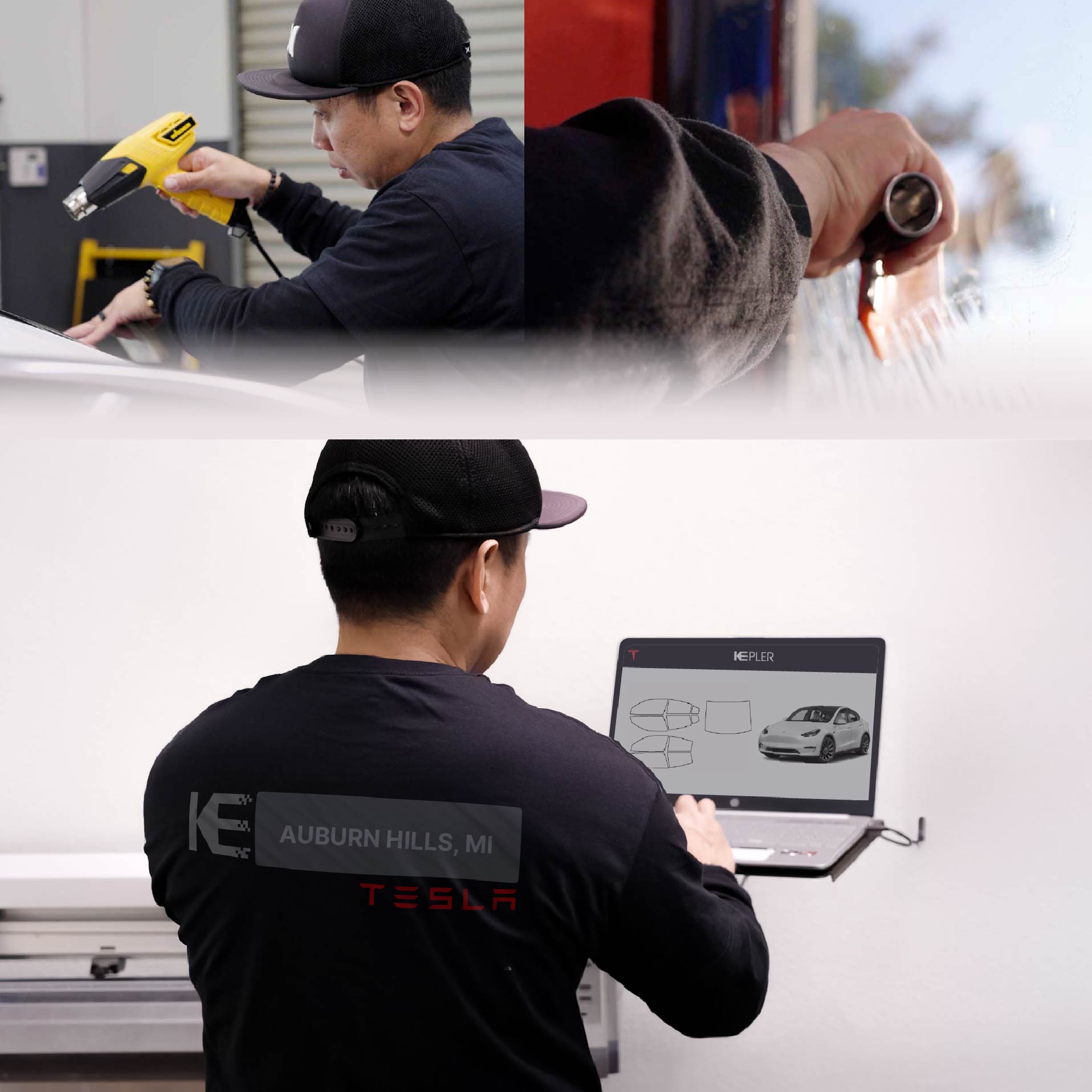 Expert Technician Fitting High-tech Window Tint to Tesla in Auburn Hills