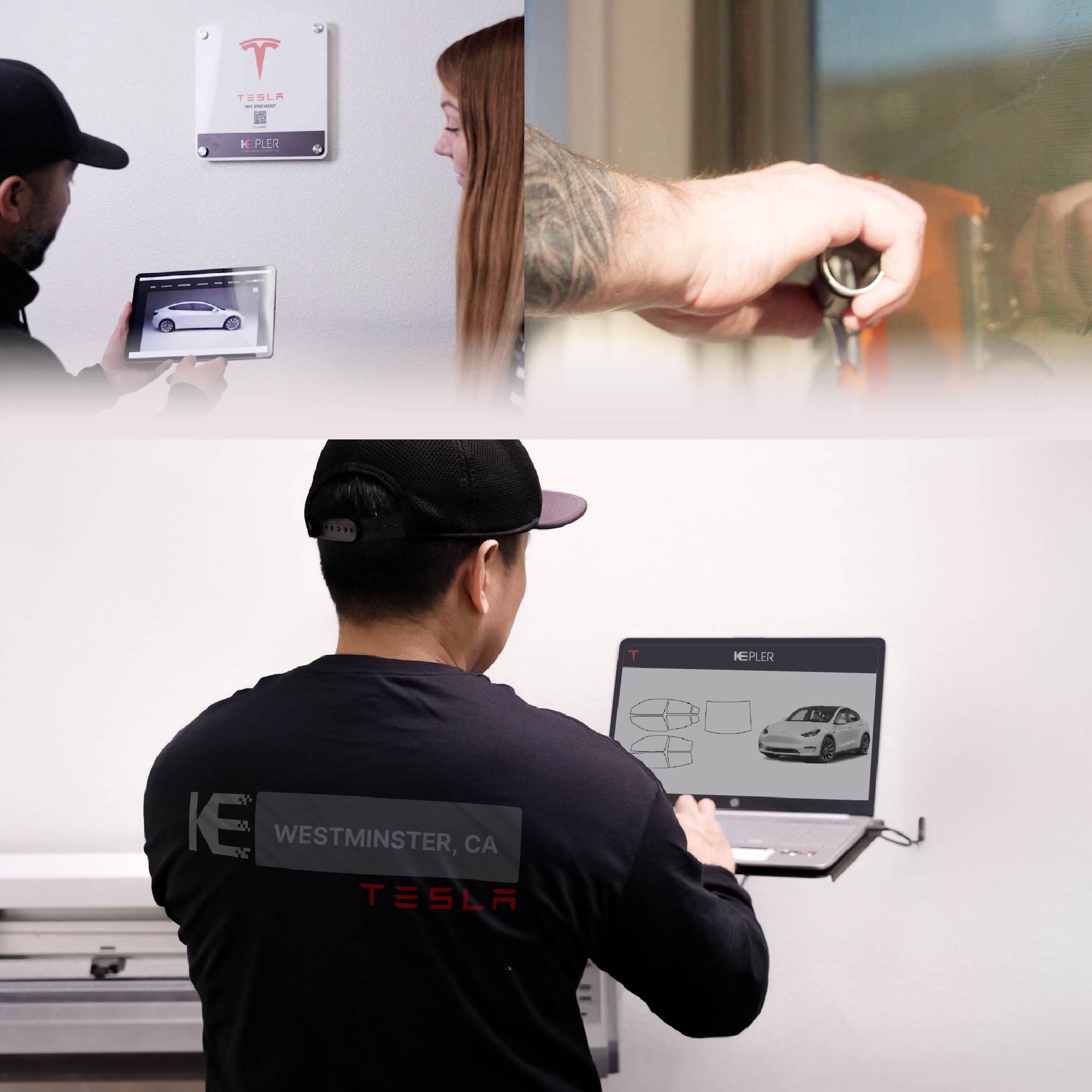 Expert Technician Installing High-tech Window Tint to Tesla in Westminster