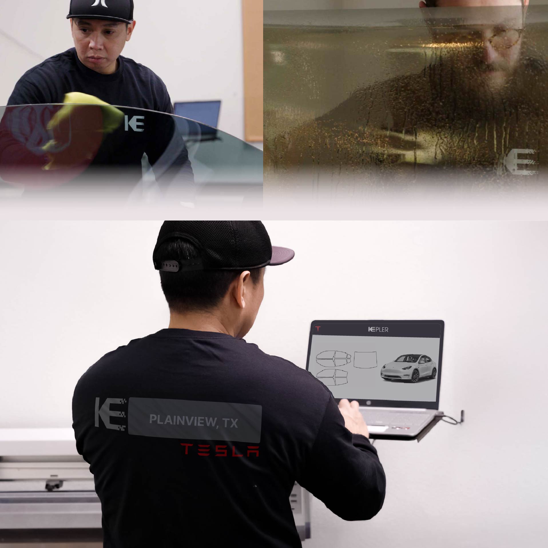 Kepler Technician Installing Ceramic Window Tint to Tesla in Plainview