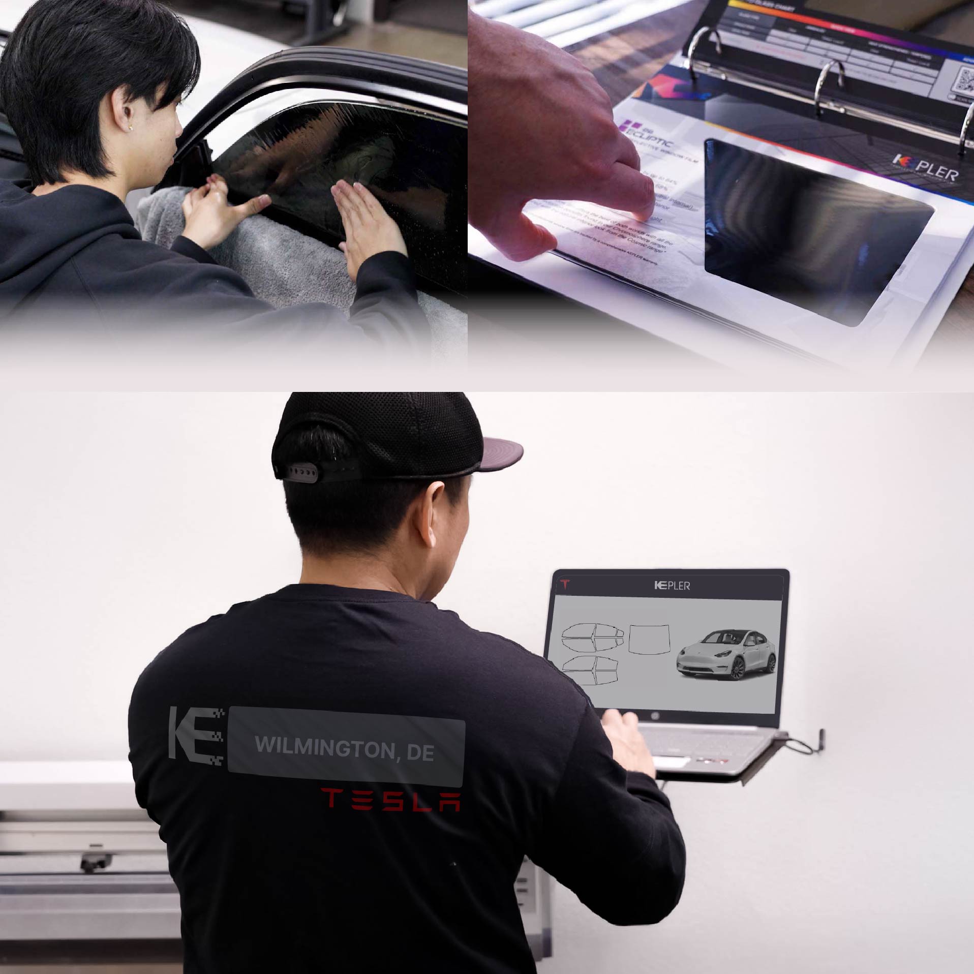Expert Technician Fitting Advanced Window Tint to Tesla in Wilmington