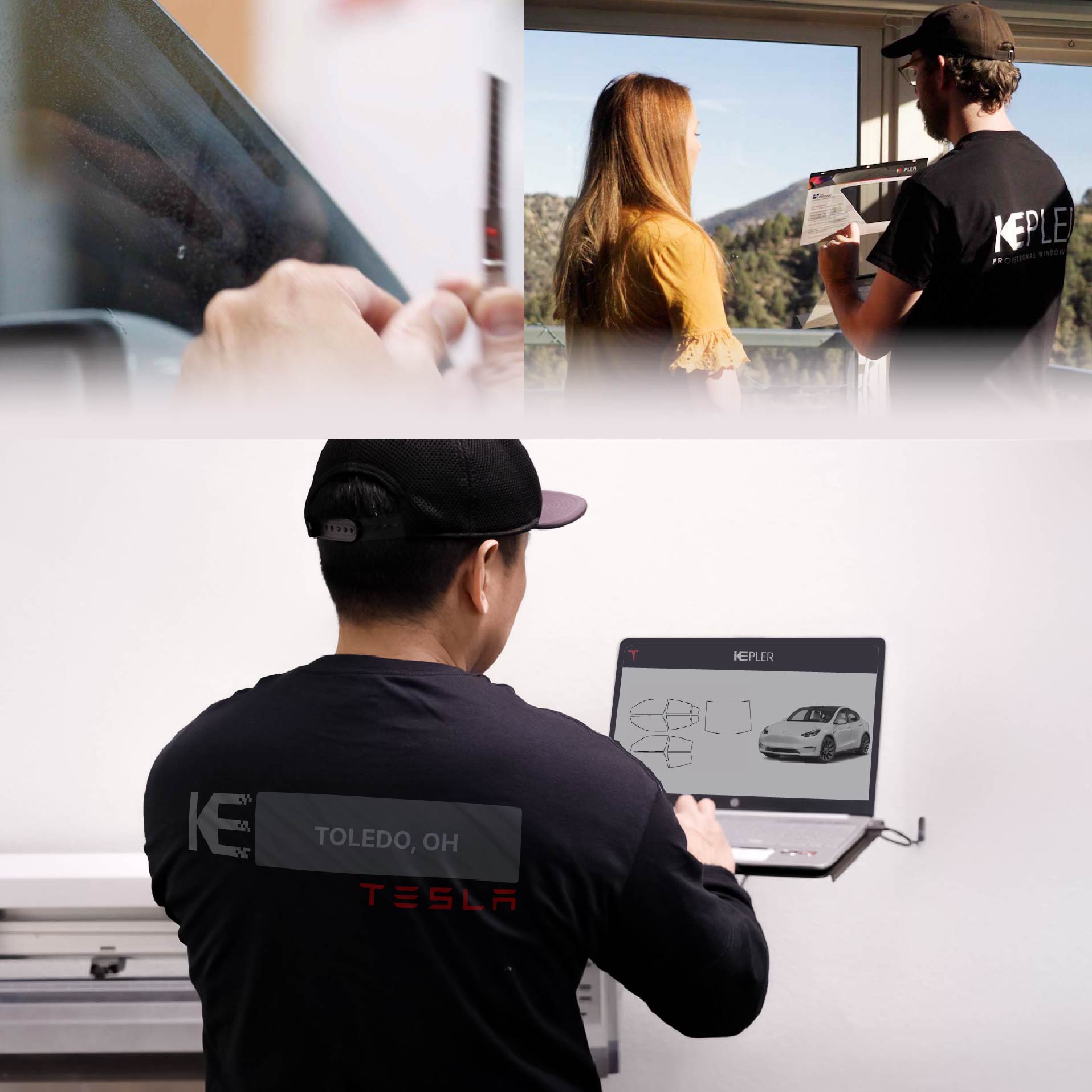 Kepler Technician Installing Ceramic Window Tint to Tesla in Toledo