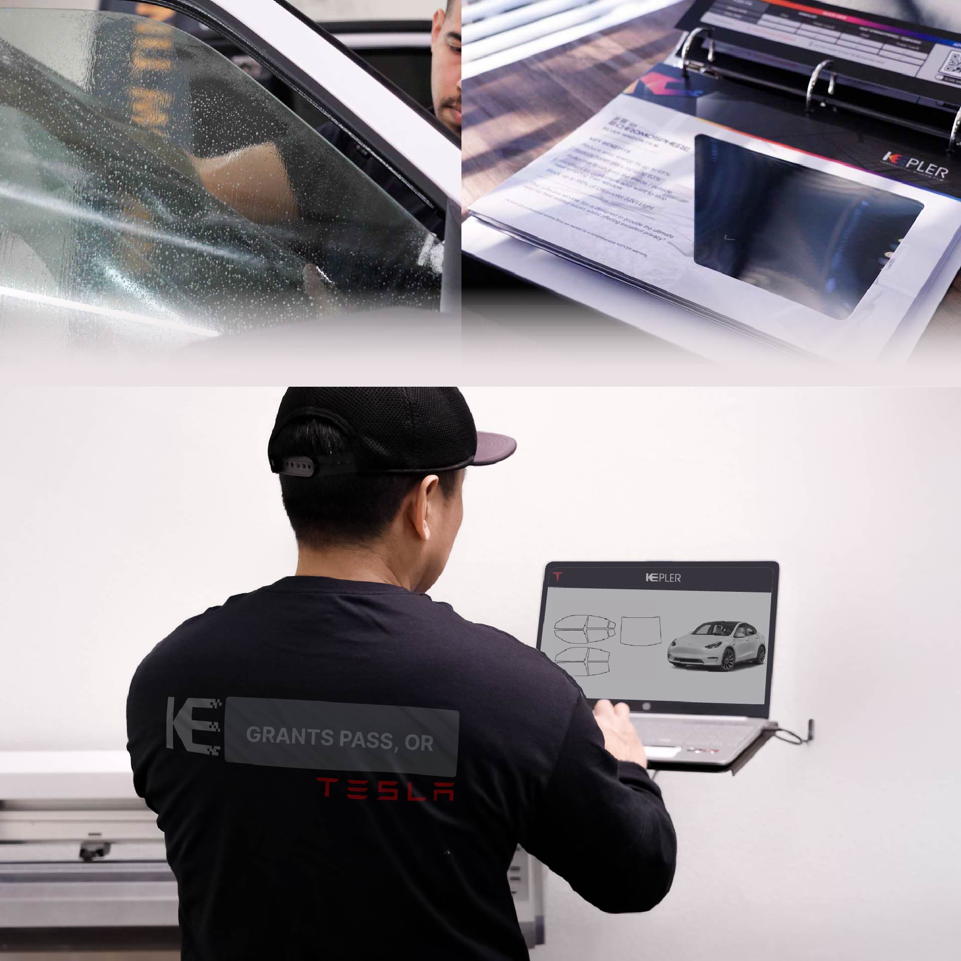 Kepler Technician Installing Ceramic Window Tint to Tesla in Grants Pass