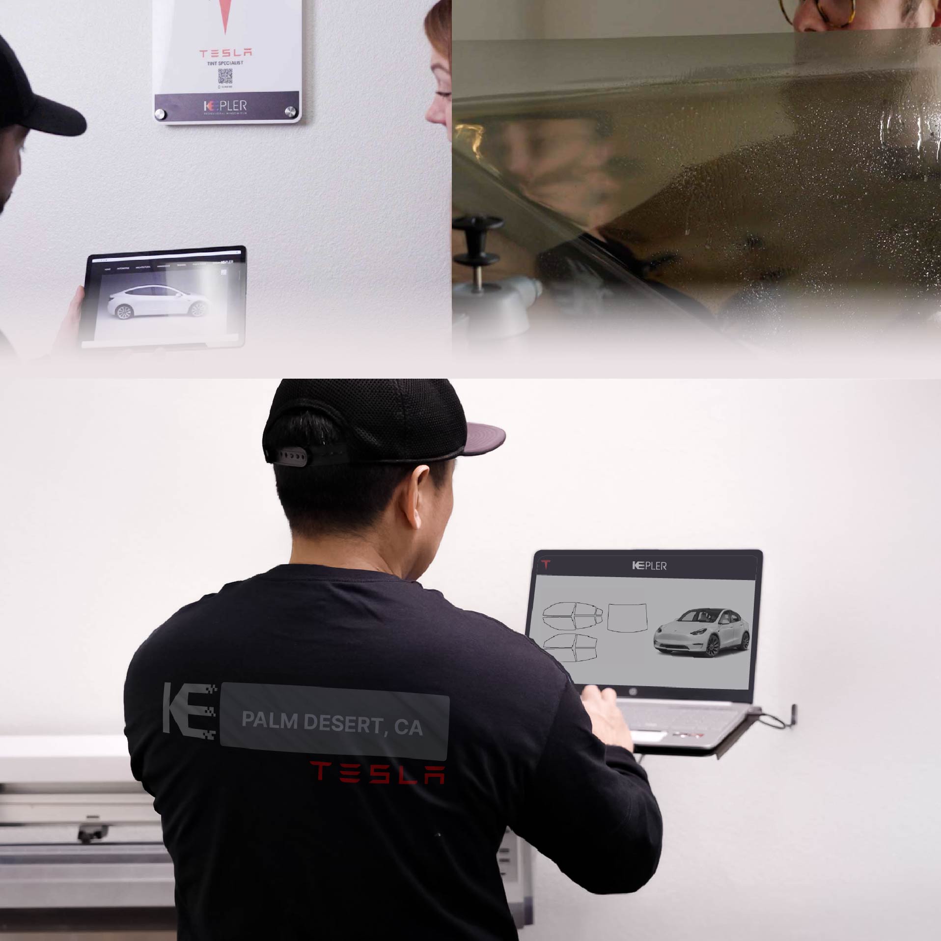 Expert Technician Fitting High-tech Window Tint to Tesla in Palm Desert