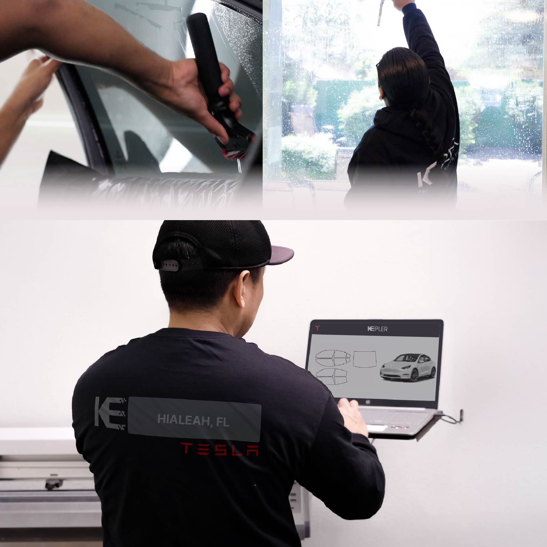 Expert Technician Fitting High-tech Window Tint to Tesla in Hialeah