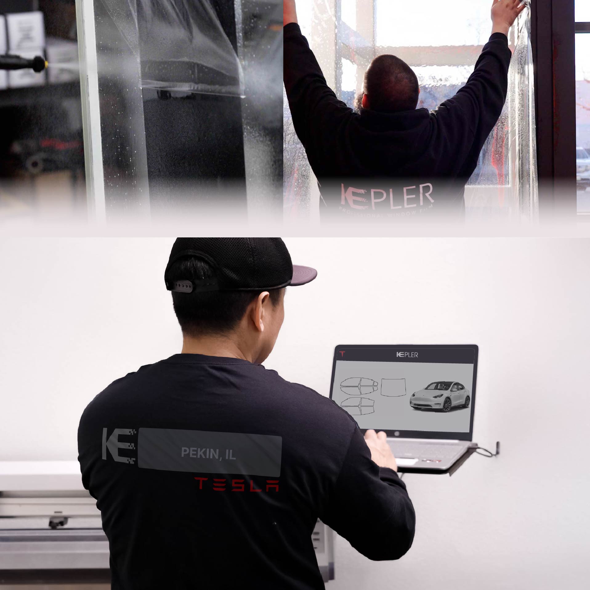 Kepler Technician Fitting Advanced Window Tint to Tesla in Pekin