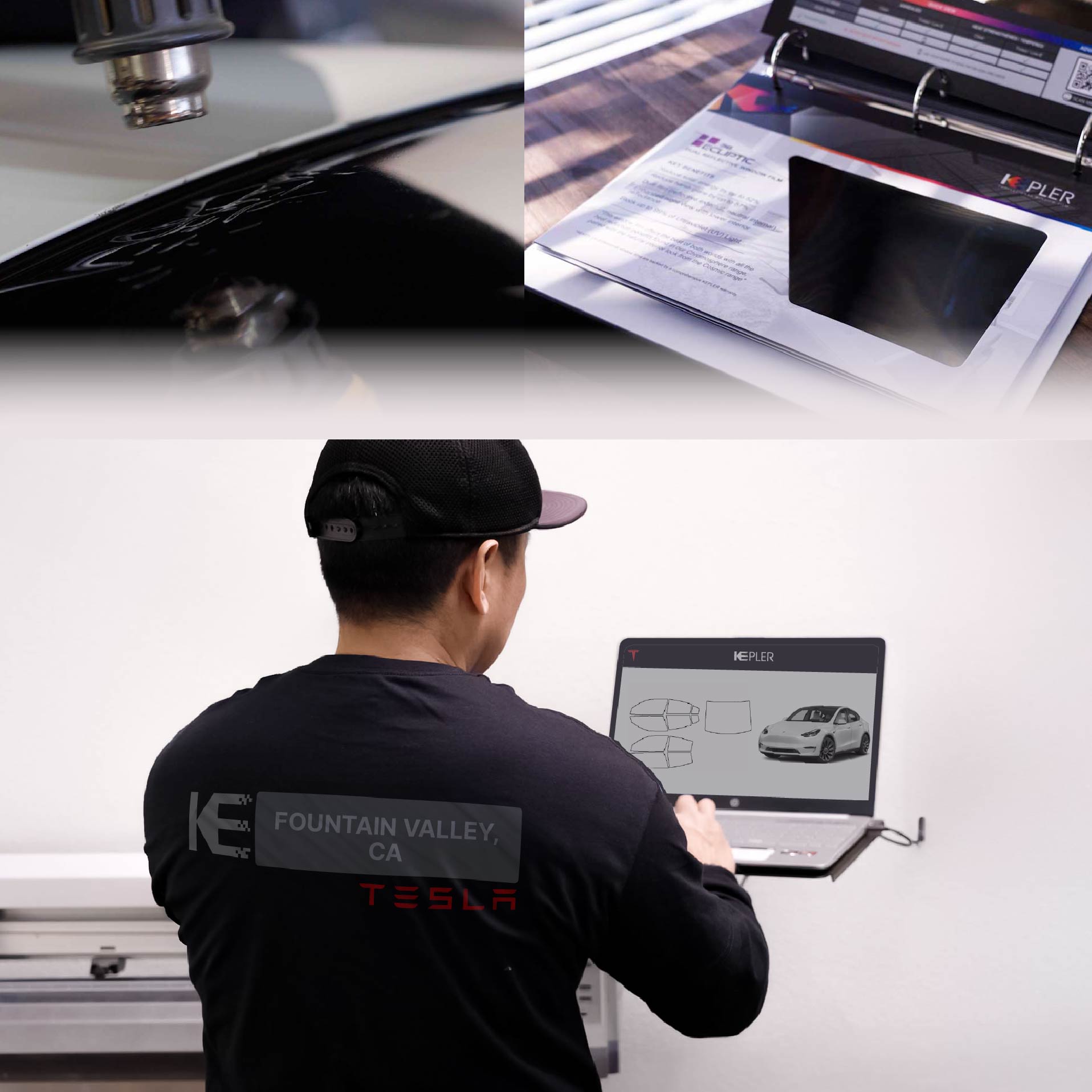 Kepler Technician Fitting Ceramic Window Tint to Tesla in Fountain Valley