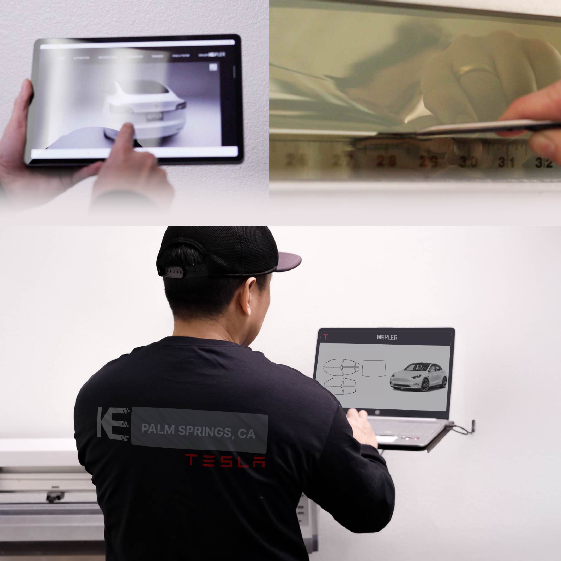Expert Technician Installing High-tech Window Tint to Tesla in Palm Springs