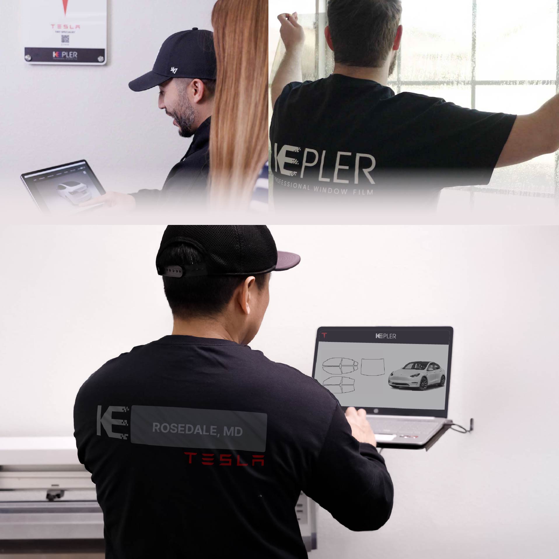 Expert Technician Installing High-tech Window Tint to Tesla in Rosedale