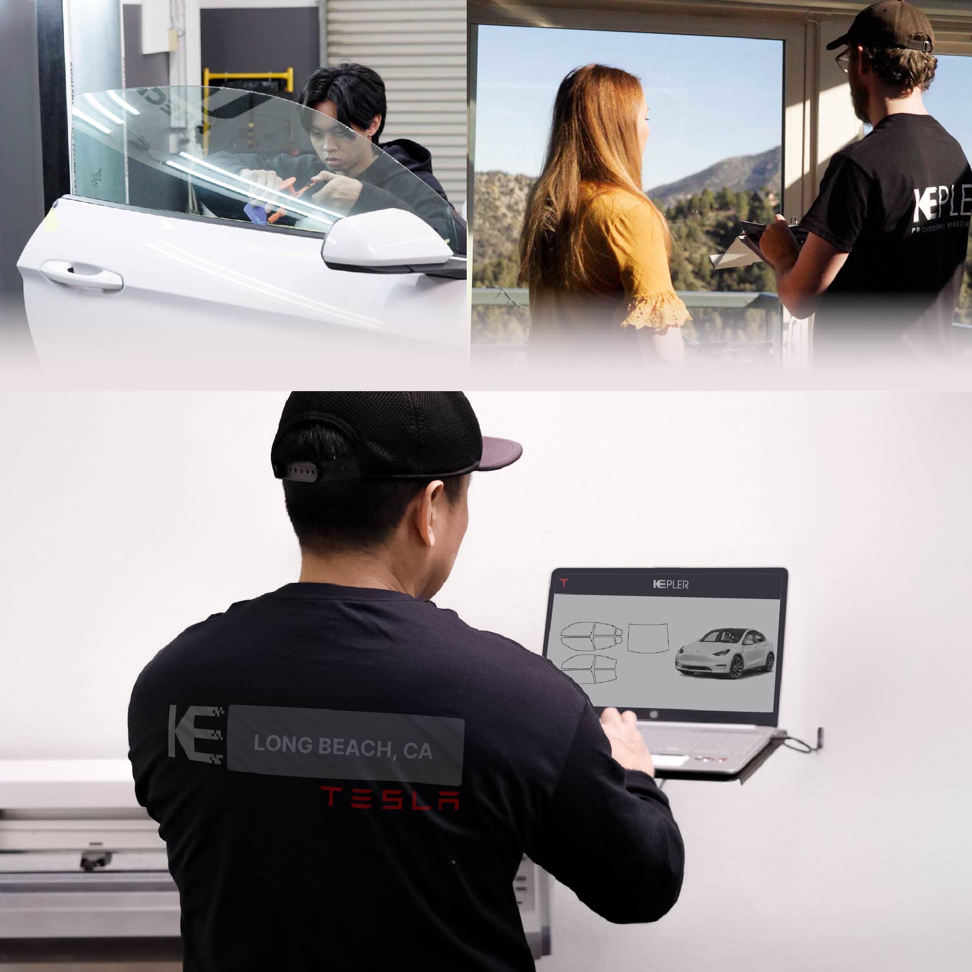 Kepler Technician Applying Ceramic Window Tint to Tesla in Long Beach