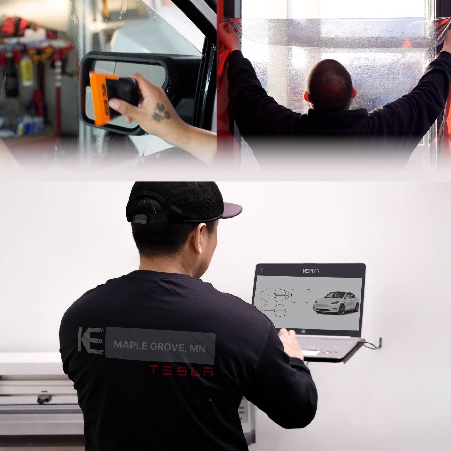 Kepler Technician Installing Ceramic Window Tint to Tesla in Maple Grove