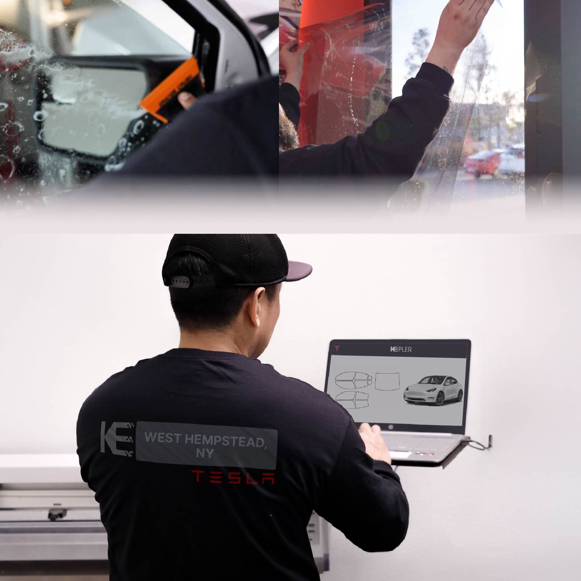 Expert Technician Installing High-tech Window Tint to Tesla in West Hempstead