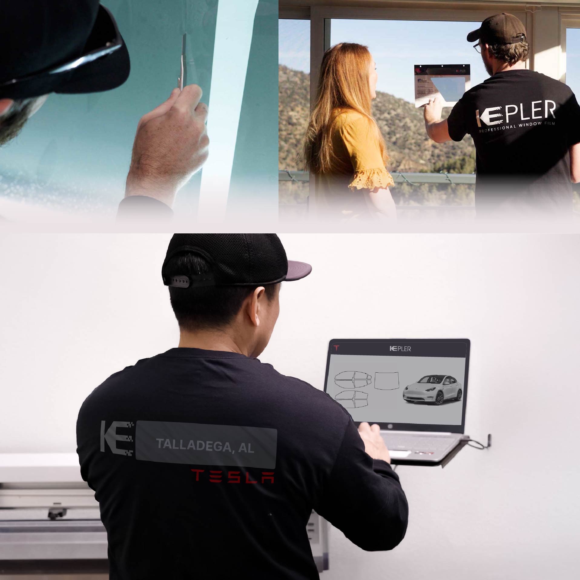 Kepler Technician Applying Advanced Window Tint to Tesla in Talladega