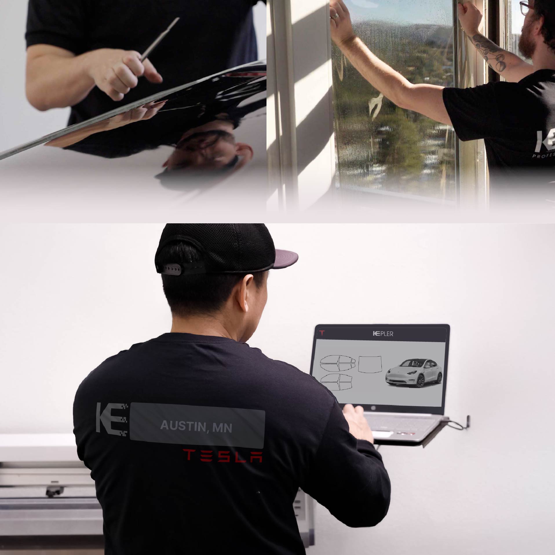 Expert Technician Applying Advanced Window Tint to Tesla in Austin