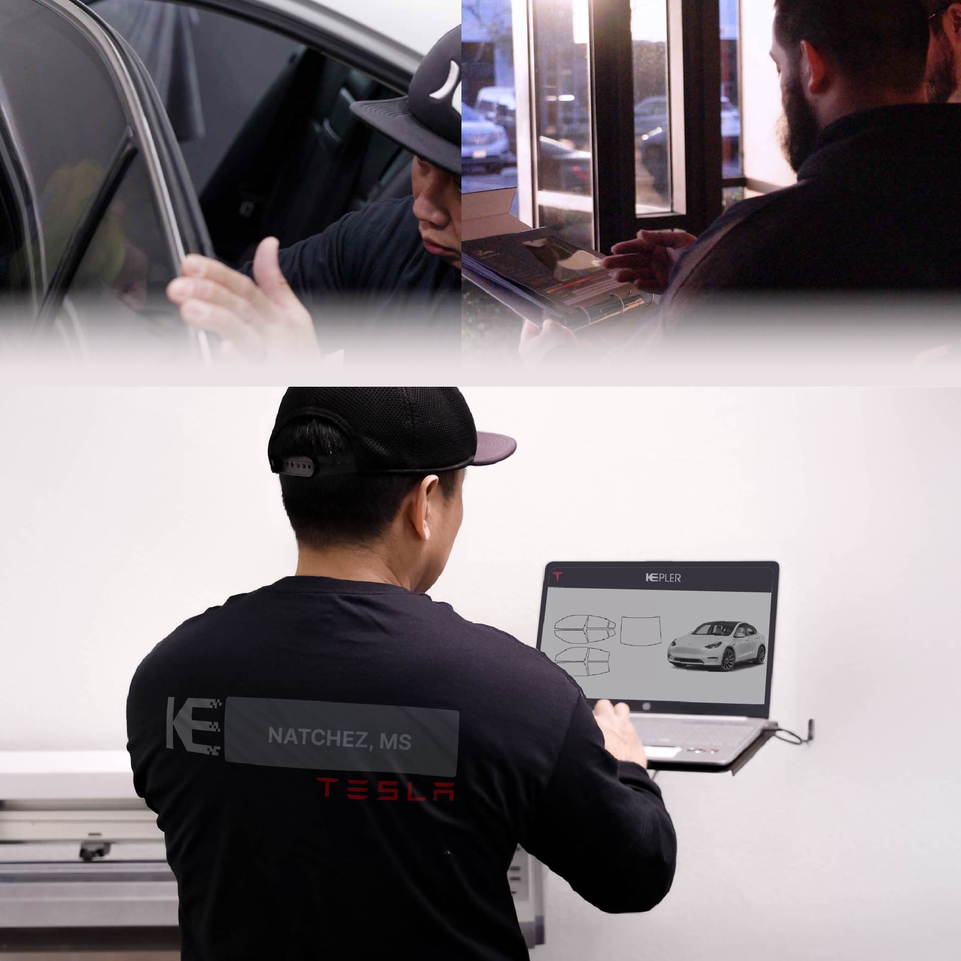Kepler Technician Installing Advanced Window Tint to Tesla in Natchez