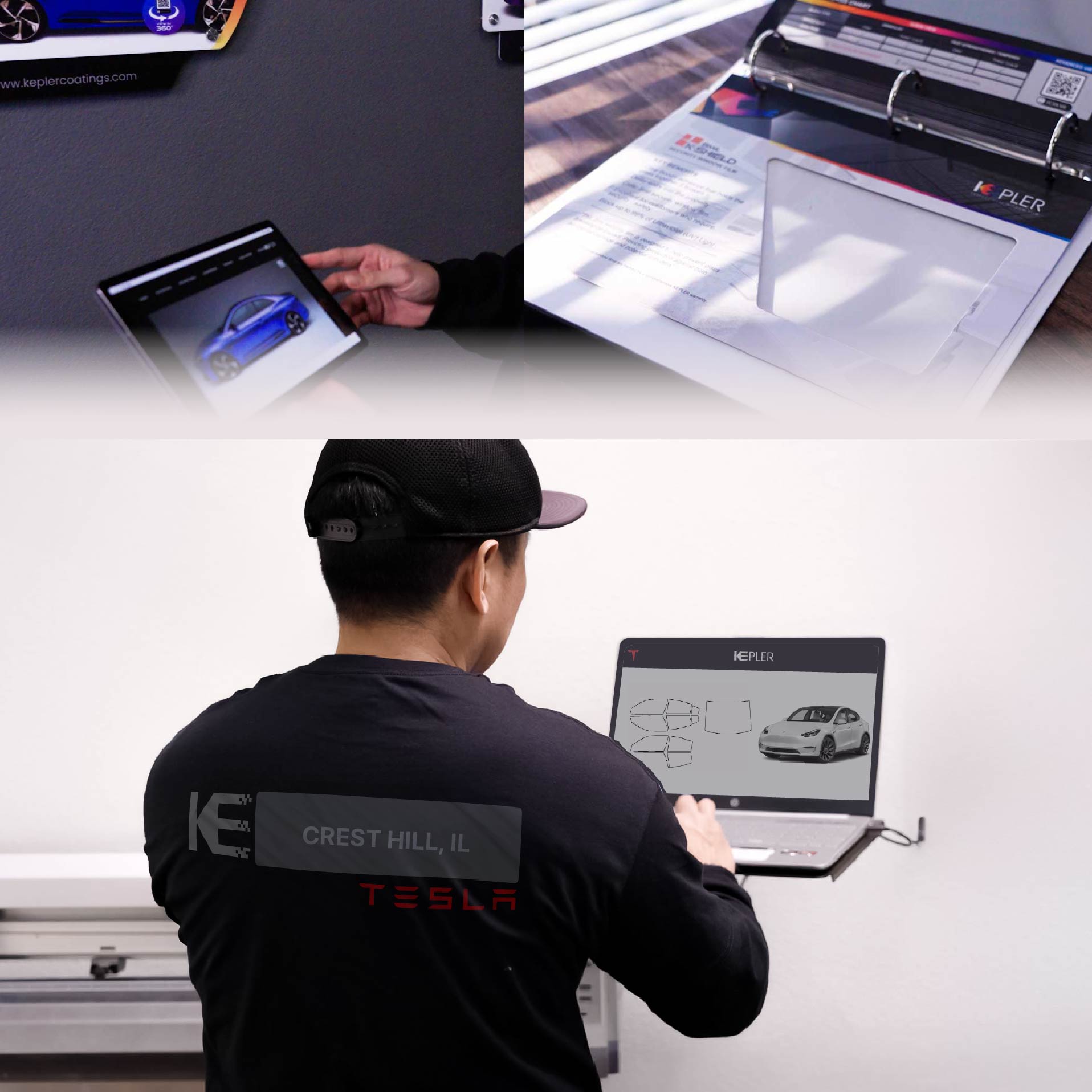 Expert Technician Installing Ceramic Window Tint to Tesla in Crest Hill