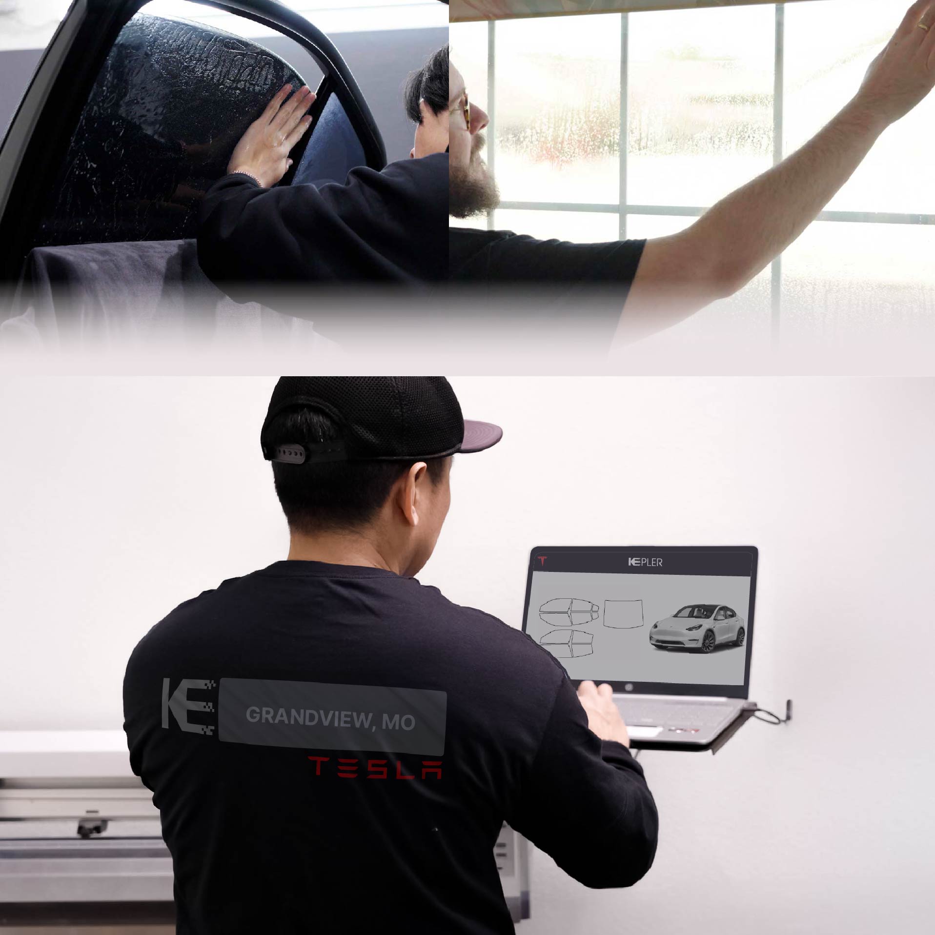 Expert Technician Fitting Ceramic Window Tint to Tesla in Grandview