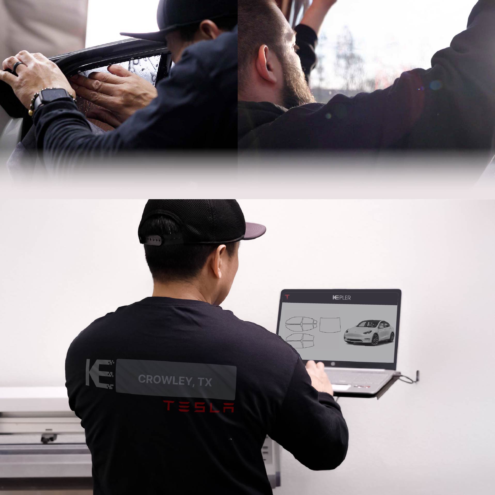 Kepler Technician Installing Advanced Window Tint to Tesla in Crowley